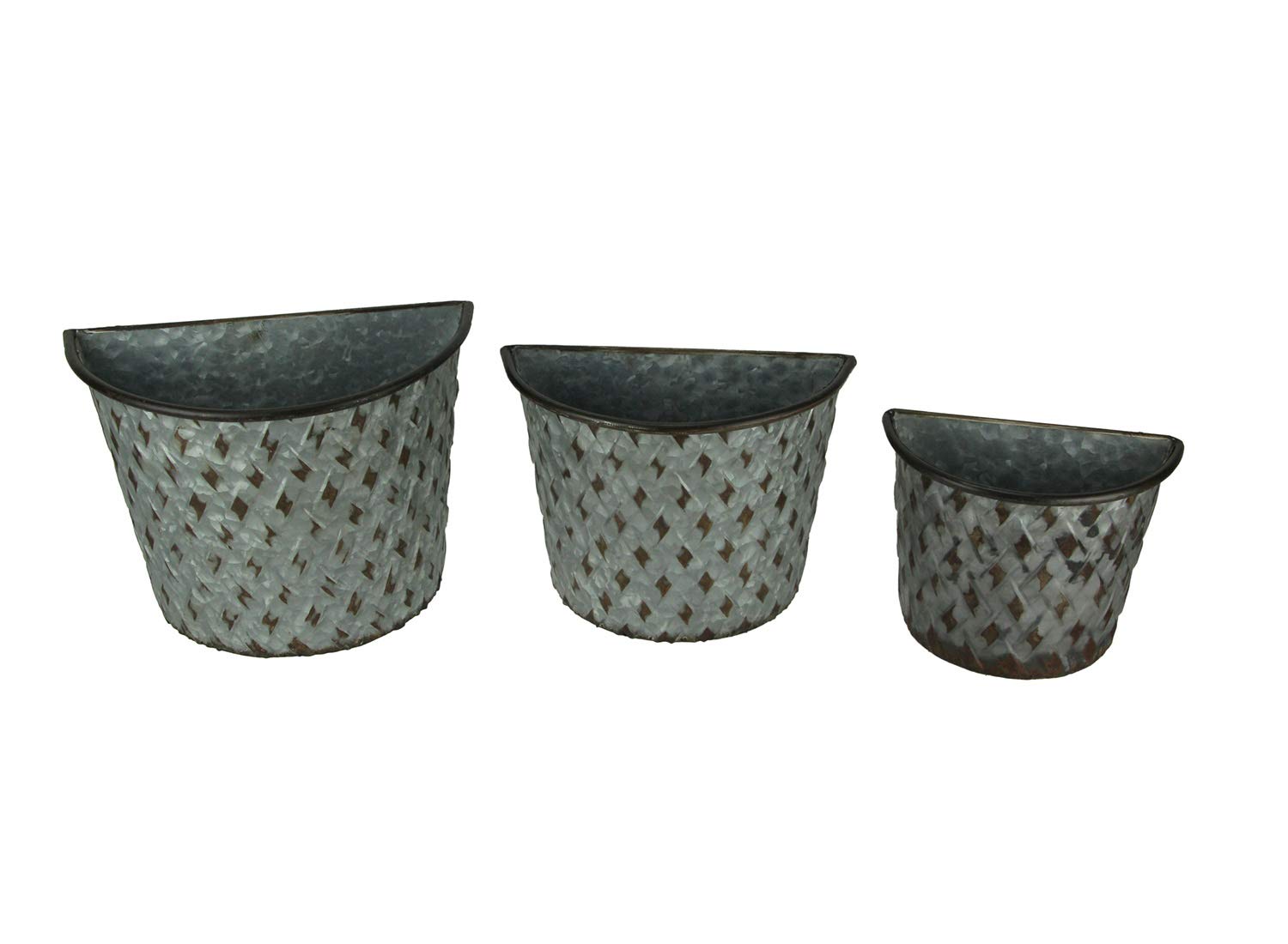 Zeckos Galvanized Metal Indoor Outdoor Wall Mount Basket Planters Lattice Look - Set of 3 Grey Boho Décor - Nesting Small (8 x 6.5 inches) Medium (10 x 7.5 inches) Large (11.25 x 8.5 inches)
