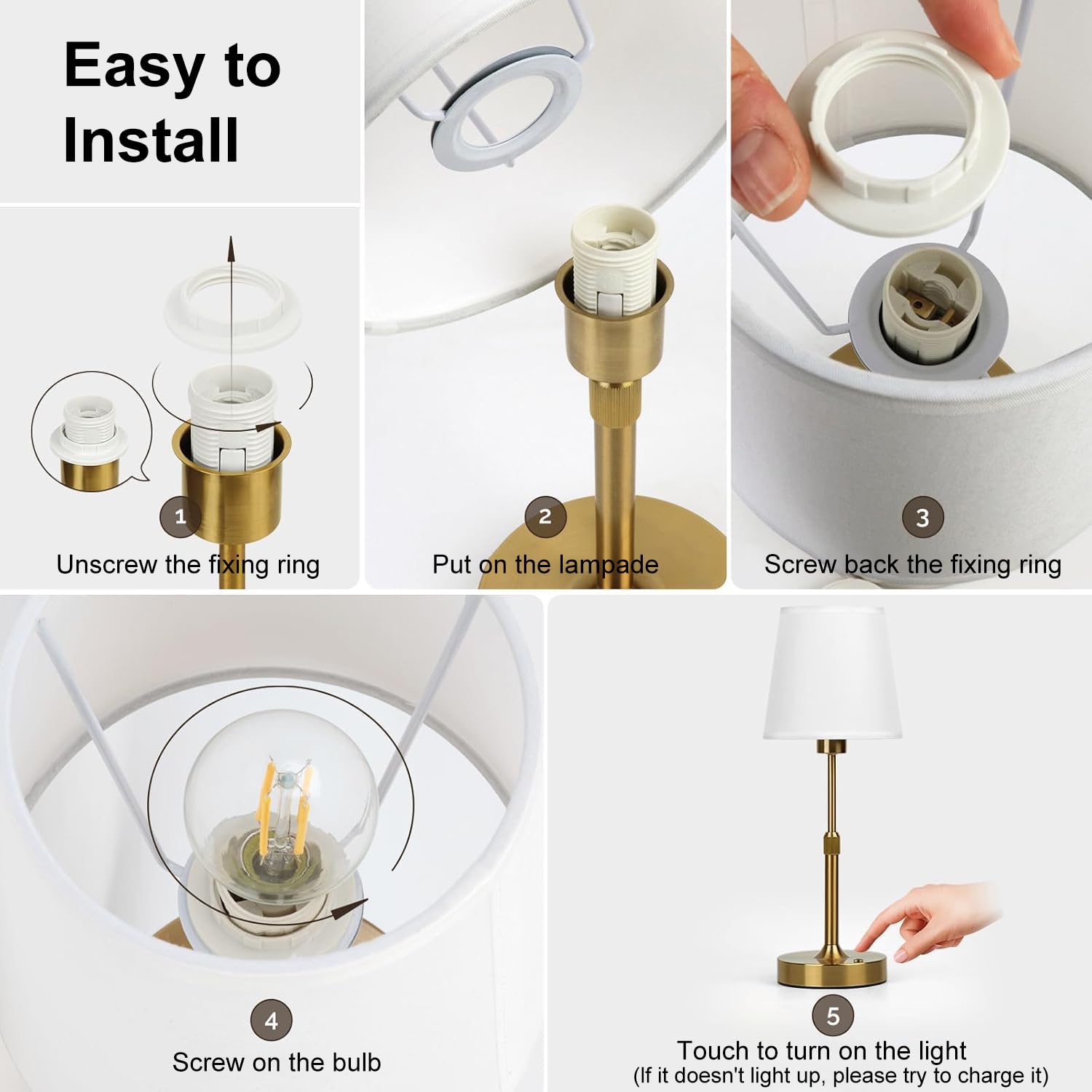 Regulable LED Batería Lámpara de Mesa Inalámbrica, Lámpara de Mesa Recargable Toque con USB-C, Faros de Cama de Noche Ajustable en Altura para Dormitorio Sala de Estar, 5200mAh (Lámpara LED Incluida)