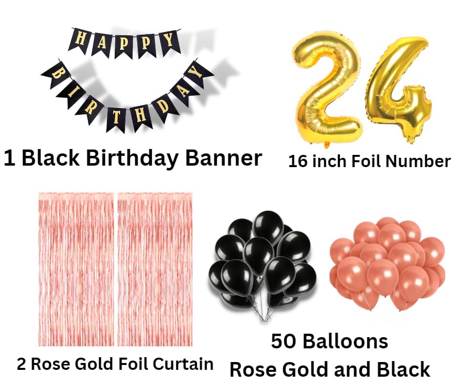 Image of Mystic Toy Store 24th Birthday Decoration items for Girls with Black and Rose Gold Balloons, Black Happy Birthday Banner, Rose Gold Foil Curtain, Foil Balloon number 24