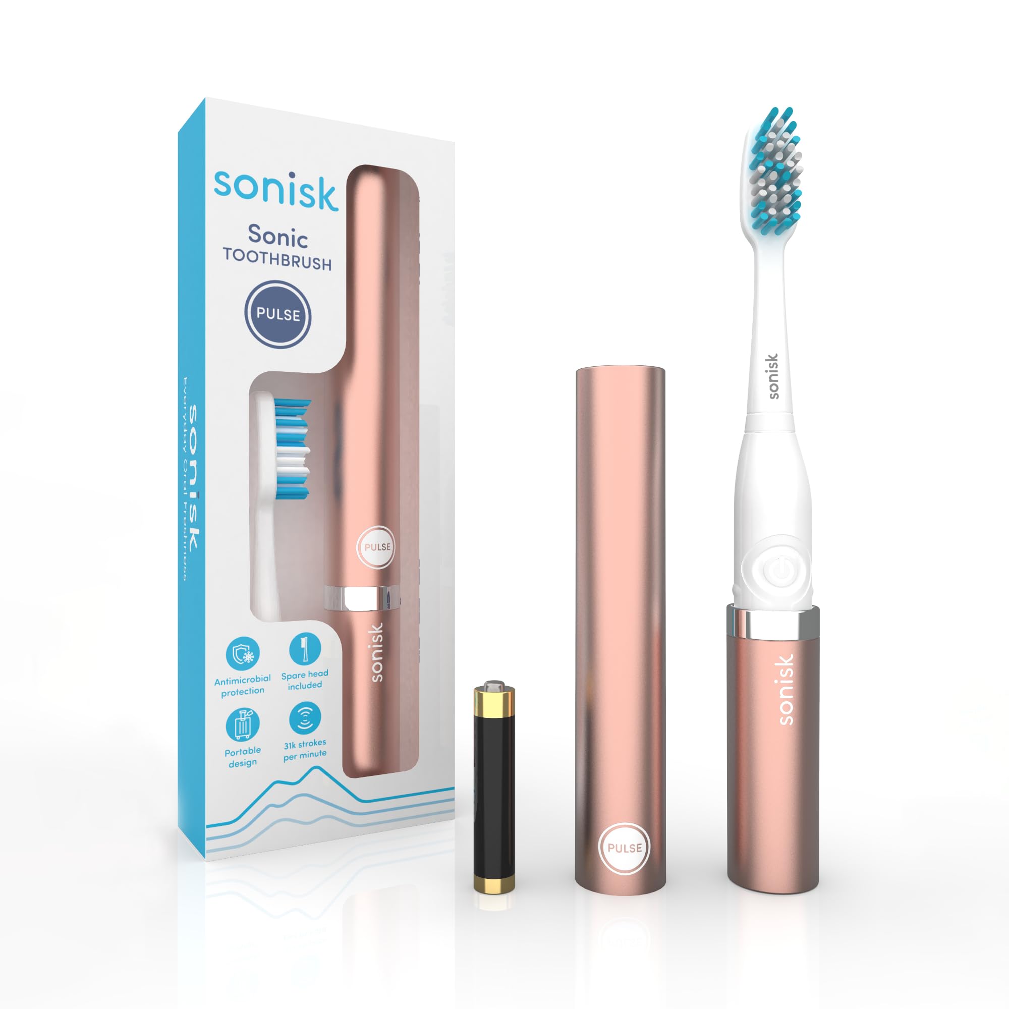 Sonisk Pulse | Battery Powered Electric Toothbrush | Portable Travel Size with Antimicrobial Sonic Technology | 1x Battery, 2X Brush Heads, 1x Travel Case Included (Rose Gold)-image-25