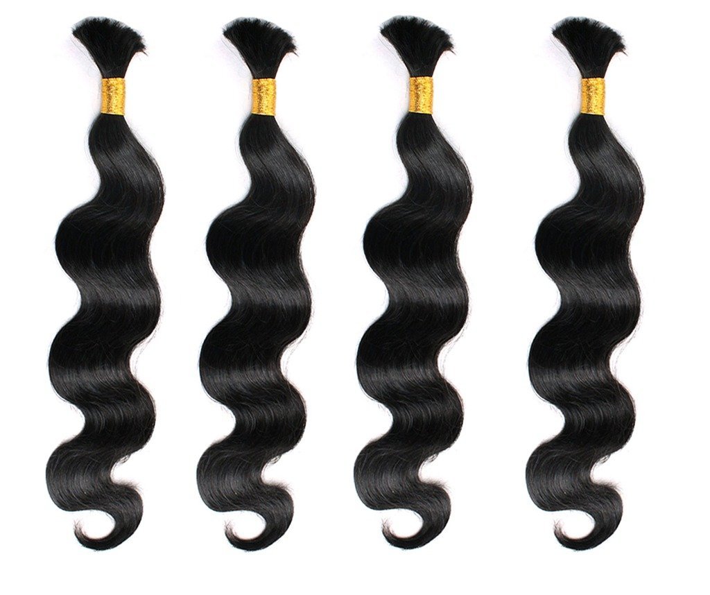 High Grade Bulk Hair for Micro Braiding, Remy Virgin Hair, Dyeable & Bleachable, Body Wave Wavy 4 Bundle Pack, 100G/Bundle Natural Black - 20 Inch