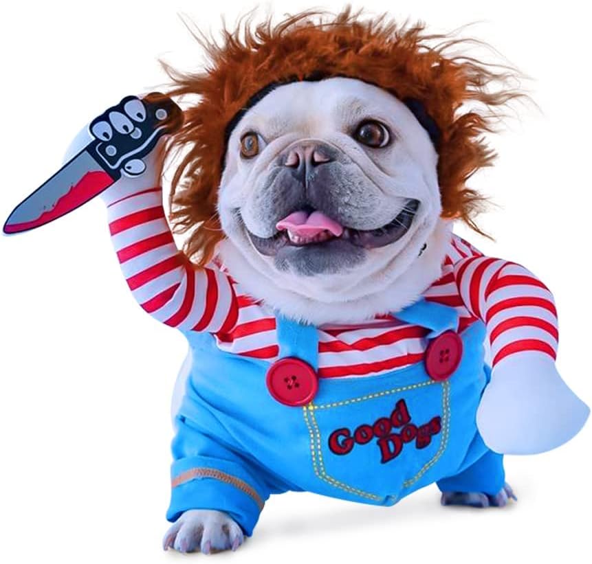 Pet Deadly Doll Dog Costume, Chucky Dog Cosplay Funny Costume Halloween Christmas Dog Clothes Party Costume for Small Medium Large Dogs (Small), Blue