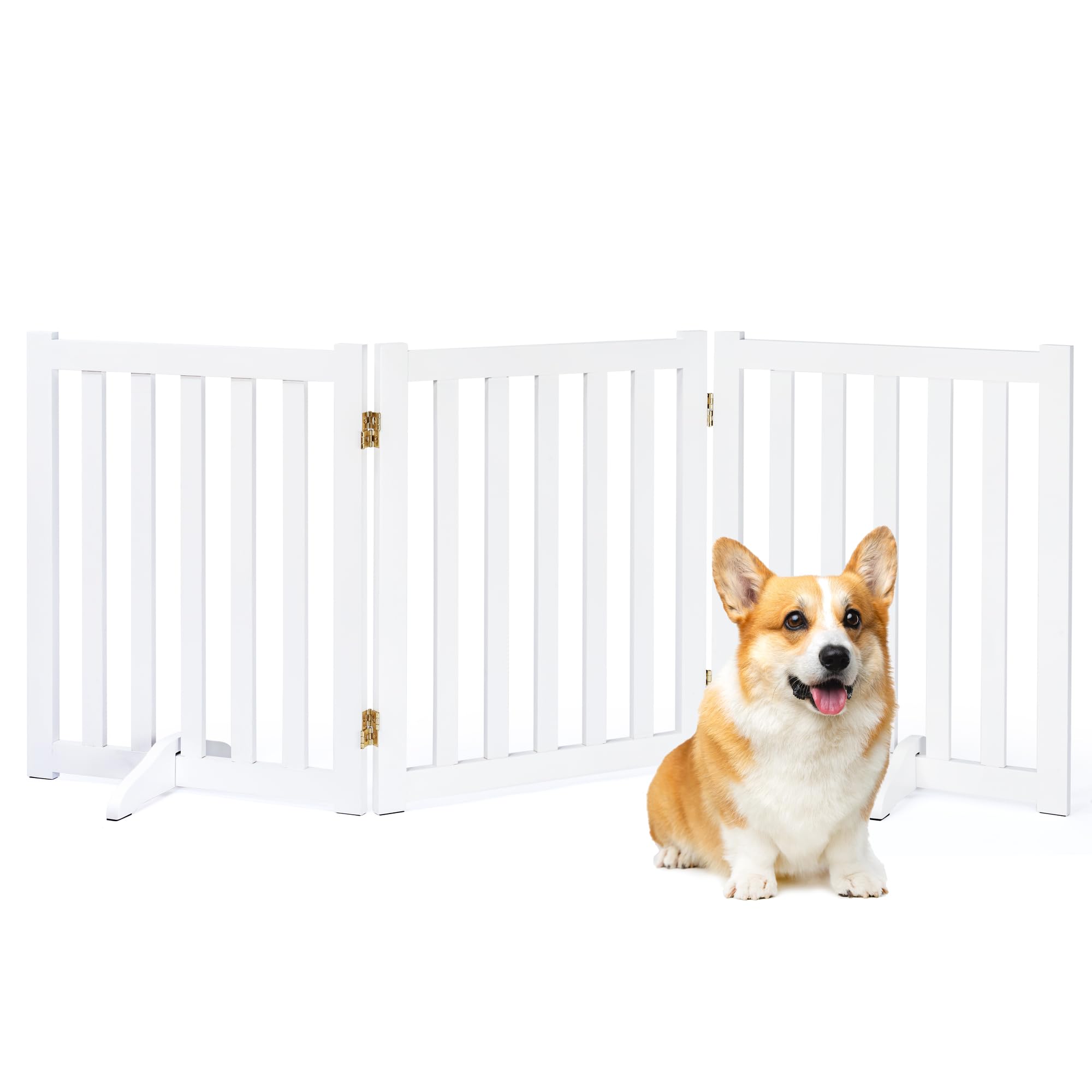 Freestanding Pet Gate, Solid Wood Folding Safety Fence Wooden Dog Gate with 2PCS Support Feet Ideal for Stairs, Doorways, Halls, Kitchens, Indoors Gates, 3 Panels 24", White