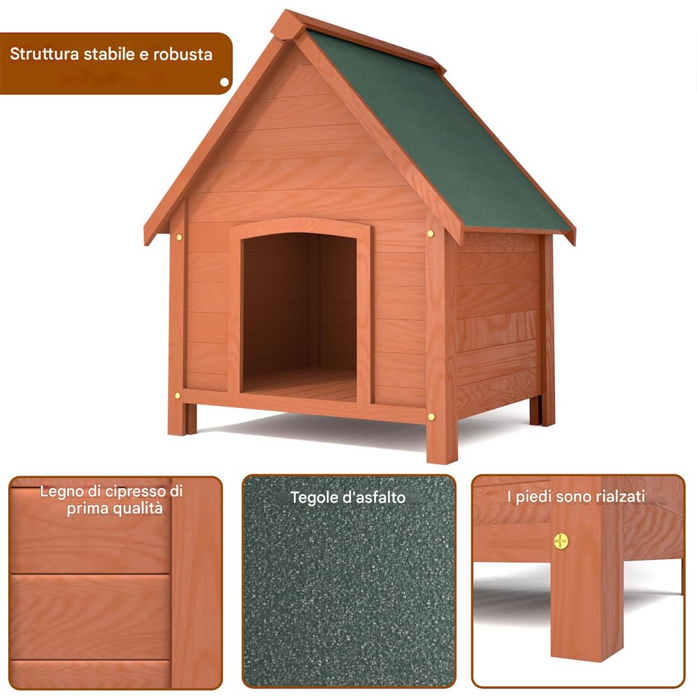 BAKAJI Cuccia per Animali Domestici in Legno di Cipresso, Casetta per Cani e Gatti con Tetto Spiovente Apribile, Casa da Esterno ed Interno Resistente Alle Intemperie con Tettoia Asfaltata, 85 x 65cm