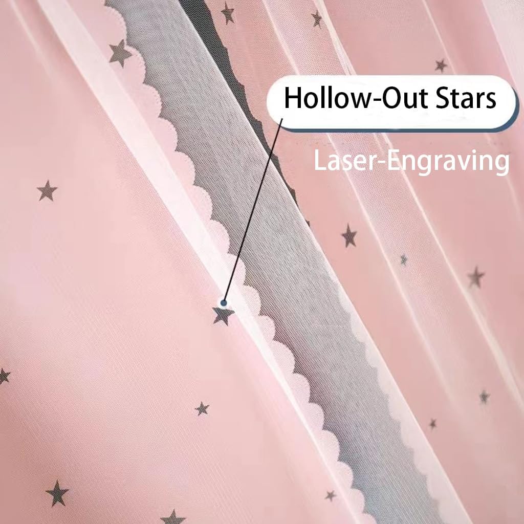2PCS Hollow-Out Stars Dorm Home Solid Thicken Bunk Blackout Bed Curtains Cloth Bed Canopy with 2PCS Mosquito Net for Students Single Sleeper (Pink-1)