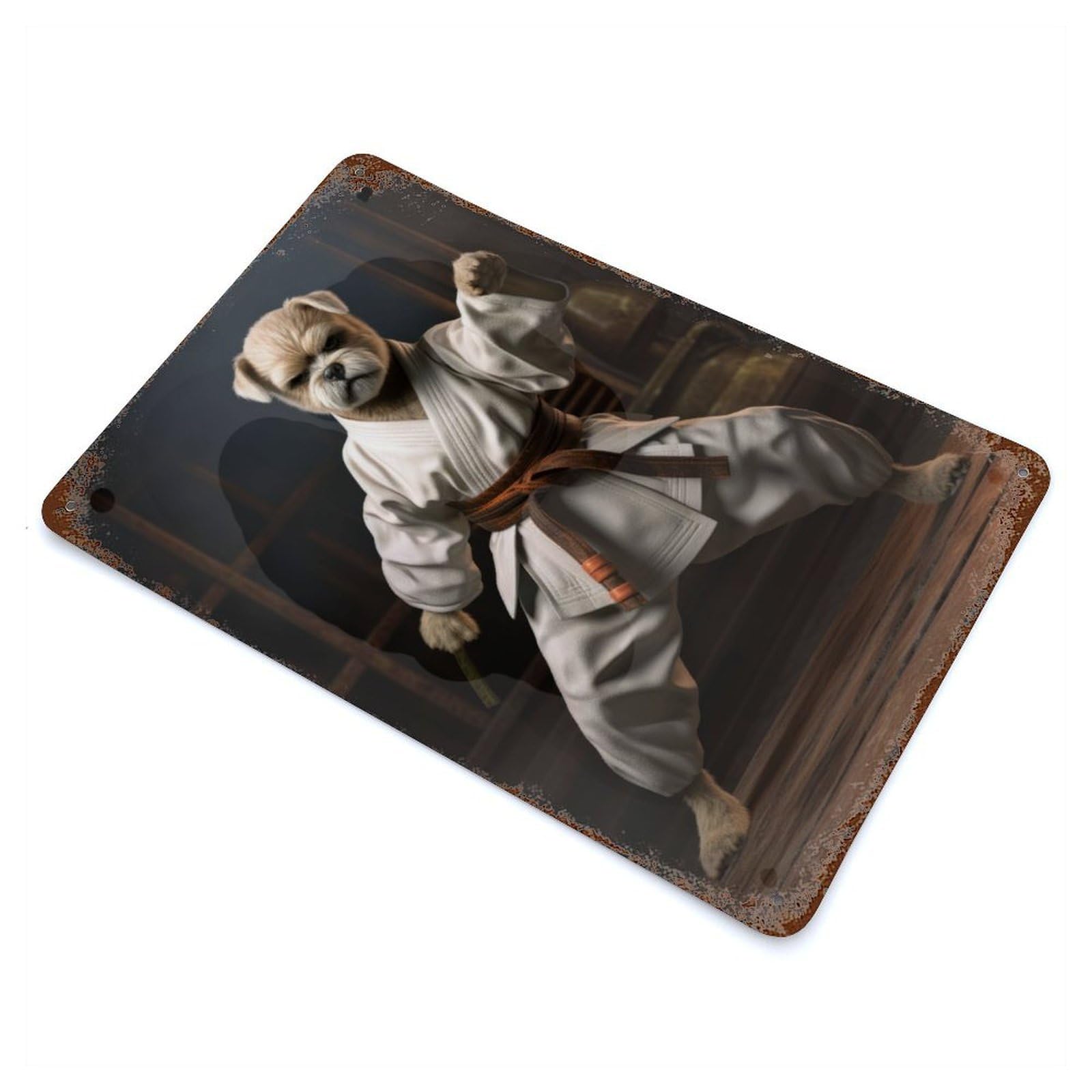 Aged Metal Wall Plaque with Karate Dog Design 11.8"x7.9", for Basement, Hobby Room And Garage Decor, Farmhouse Wall Decor