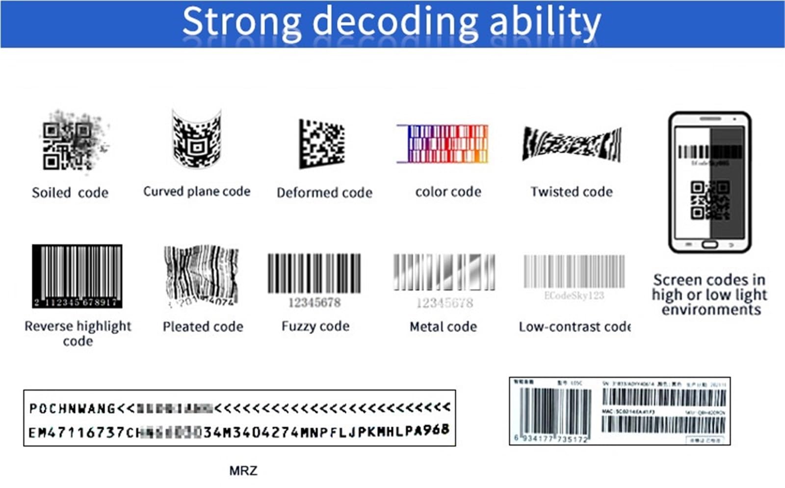 Lector de pasaportes Escáner Tarjetas identificación, escáner códigos QR con Barras Integrado NFC OCR MRZ Almacén Logístico