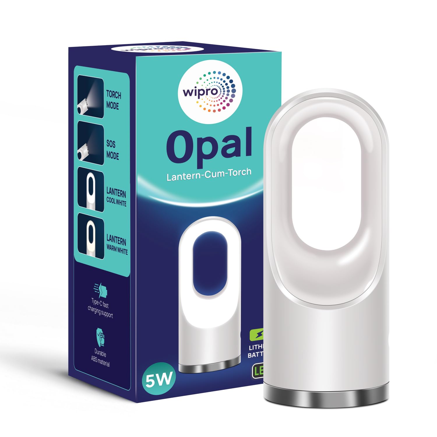 wipro Opal Lantern Cum Torch | Type C Fast Charging | 2200 mAh Battery with Upto 4 Hours Back Up | 4 Mode of Light | Sleek Modern Design for Premium Homes | Pack of 1-image-49