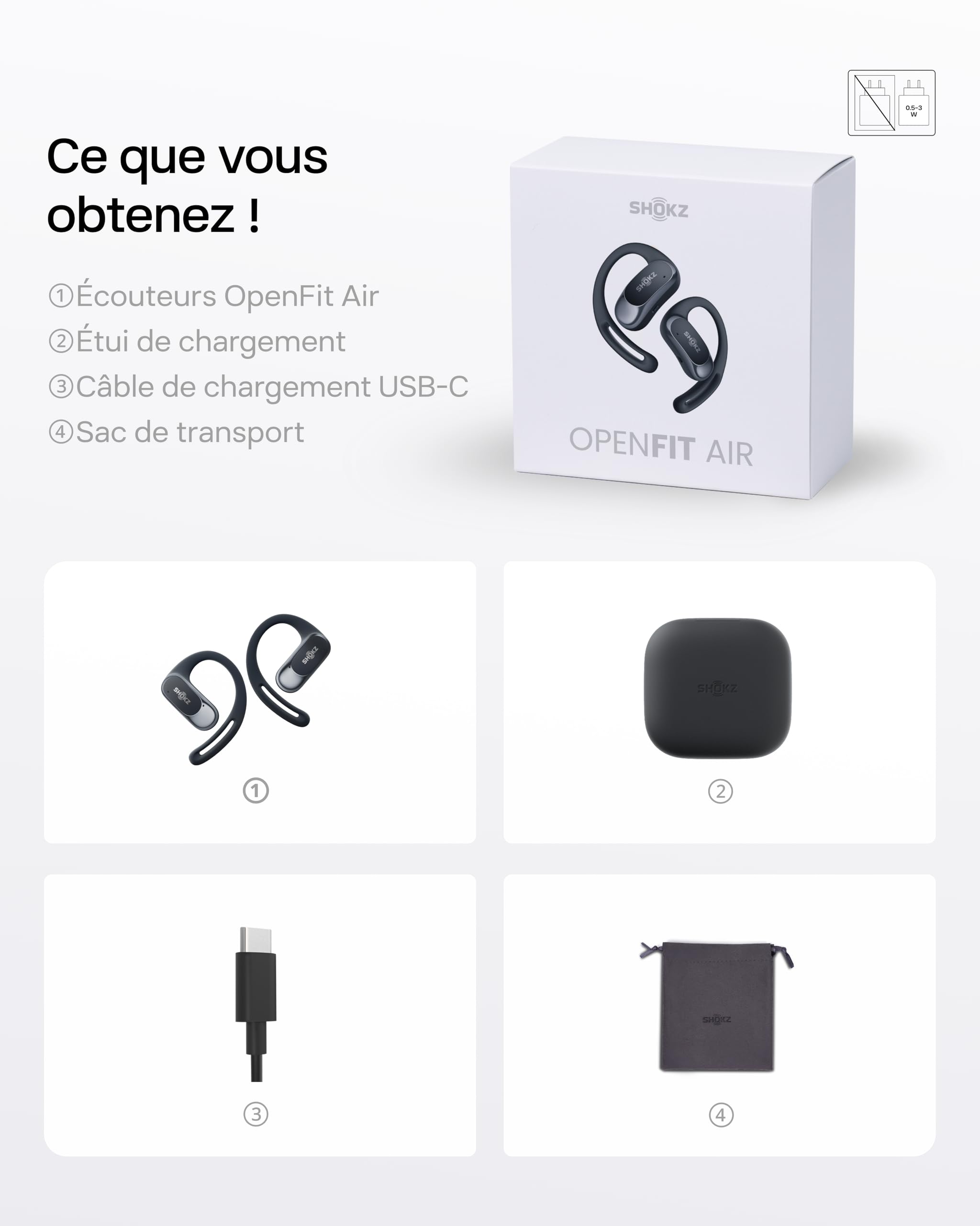 SHOKZ Écouteurs à Oreilles Libres OpenFit Air, Casque Bluetooth sans Fil avec Microphone, écouteurs avec Crochet d'oreille Air, Charge Rapide, 28 h d'autonomie, étanchéité IP54 pour Le Sport - Noir