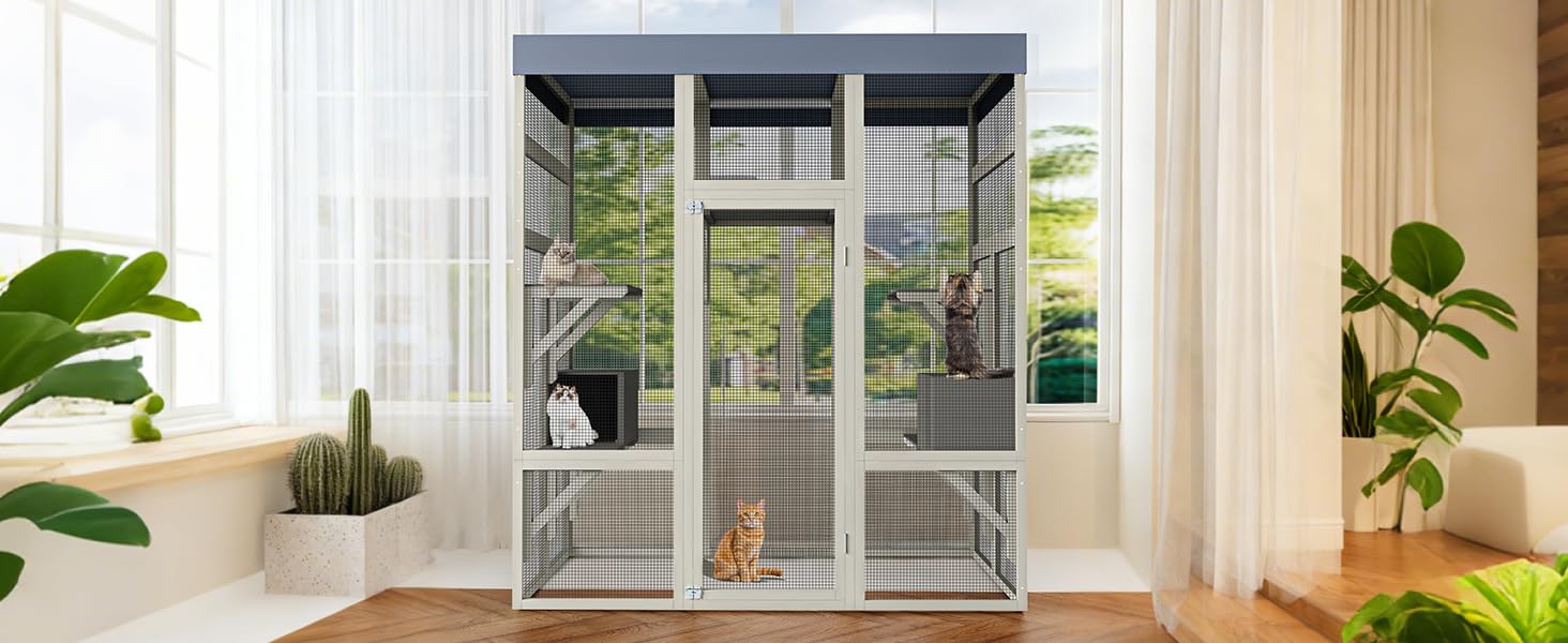 Garvee Enclos extérieur pour Chats en Bois Sécurisé Toit étanche Anti-UV 5 Plateformes 2 niches Jusqu'à 6 Chats Gris 159×82×178 cm