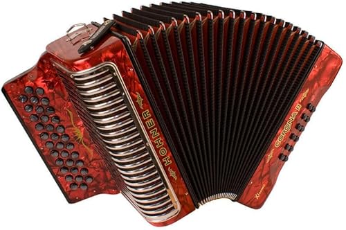 Hohner Corona Xtreme II 34 Pearloid, 31 agudos y 12 botones de bajo estándar Acordeón bisonórico con clase diatónica y 2 voces MM (teclas GCF, rojo