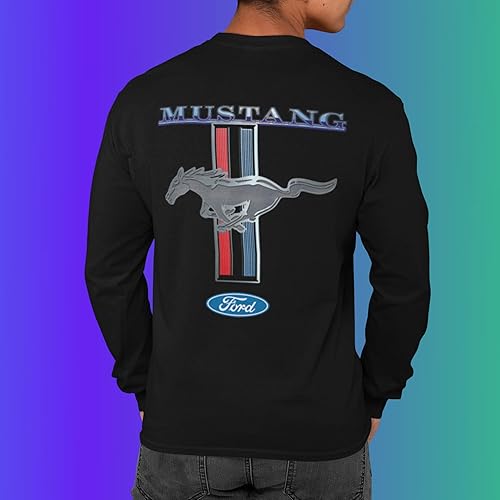 Miniatura 3 de Ford Mustang Pony Racing Stripe 5.0 Muscle Cars Camiseta de manga larga con estampado delantero y trasero Negro