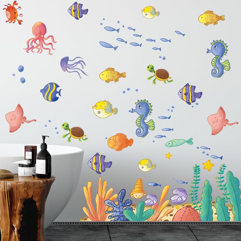 Image of Underwater Adventure Fish Seahorses Turtles Wall Stickers for Kids Baby Room Bedroom Playroom Nursery Bathroom Living Room Decor Wall Art Wall Decoration Boho | Sheet 30x90 cm Peel and Stick