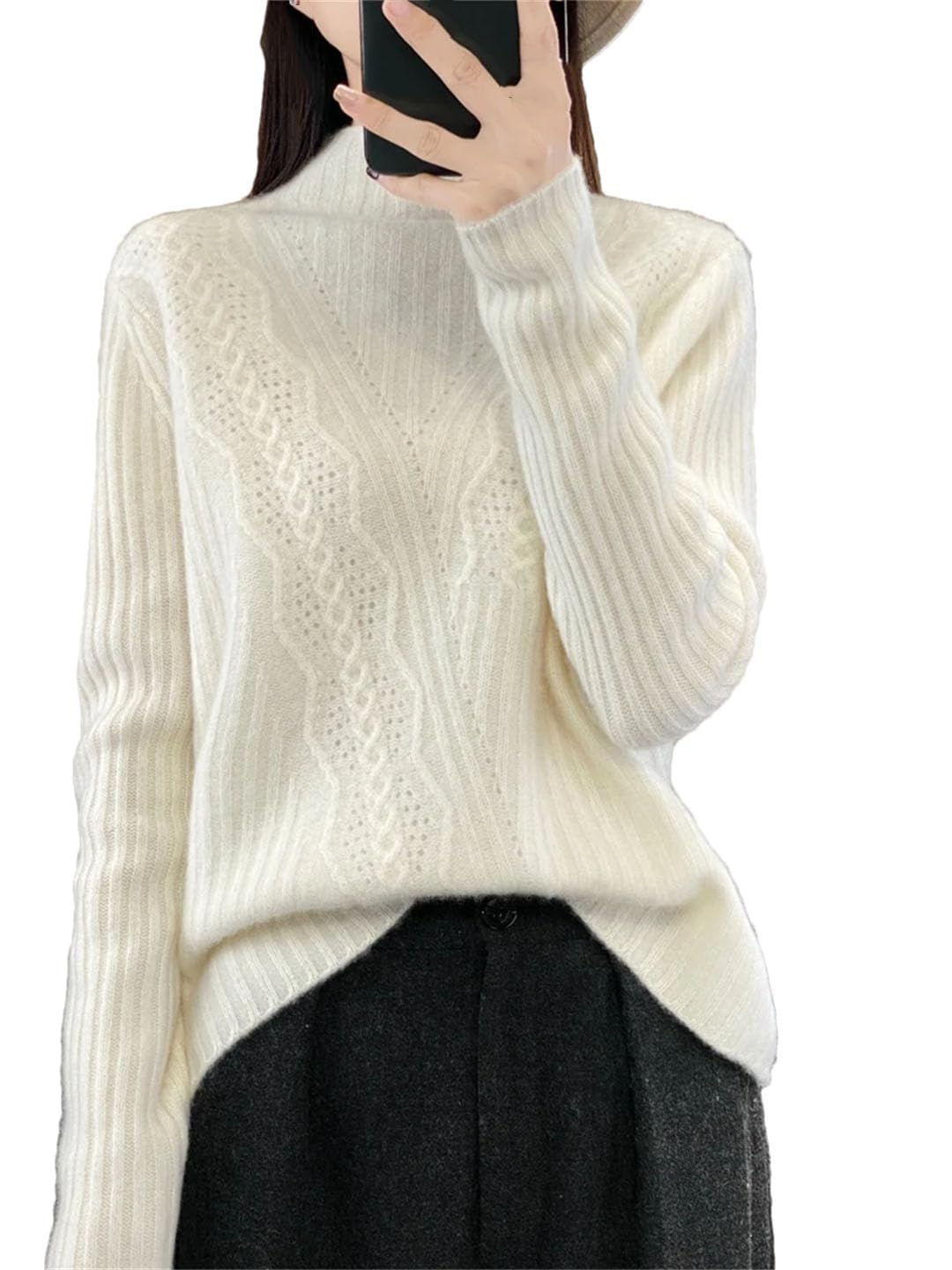 Vogrtcc Maglione da Donna A Collo Finto Autunno Inverno Pullover A Collo Finto Spesso Lana Cashmere Intrecciato Lavorato A Maglia Casual