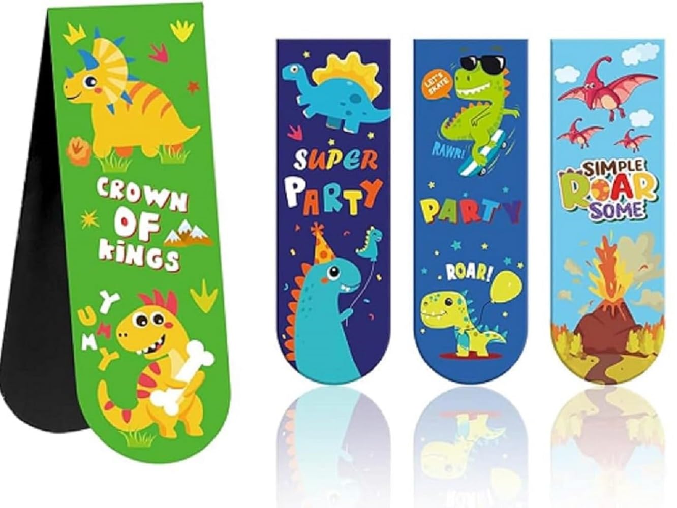 CAA Trading™ 4 x Dinosaur Magnetic Bookmarks Dino Bookmark T-Rex Reading Learning School Classroom Fridge Magnet (4 Bookmarks)