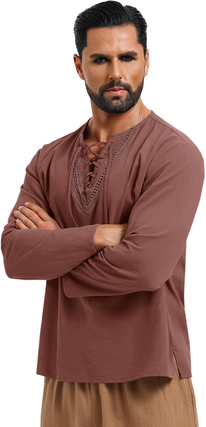 Runcati Mens Renaissance Pirate Shirt Medieval Viking Steampunk Costume Shirts Long Sleeve Lace Up Halloween Scottish Tops - Image 2