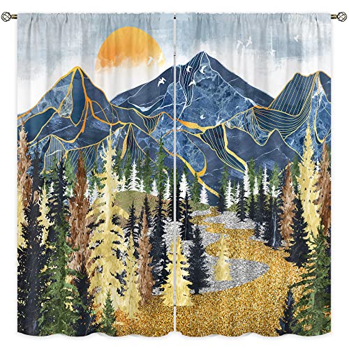 Cinbloo Mountain Forest Vorhänge 107x160 cm (BxH), Stangentasche, malerische Landschaft, marineblau, Passepartout, grün, gelber Baum, Kunstdruck, Sonnenuntergang, Gold, Behandlungsstoff, 2 Paneele Cover