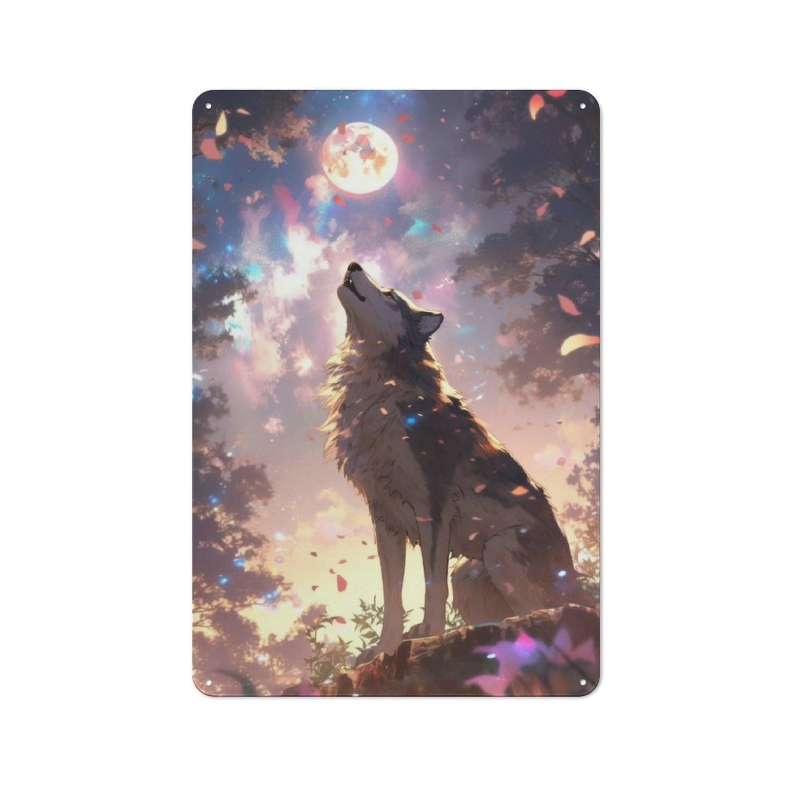 Junmoney Wolf Howling At The Moon 30X20cm Retro Metal Sign With For Home Office Or Studio, Suited To Wall Displays In Home Offices And Studios