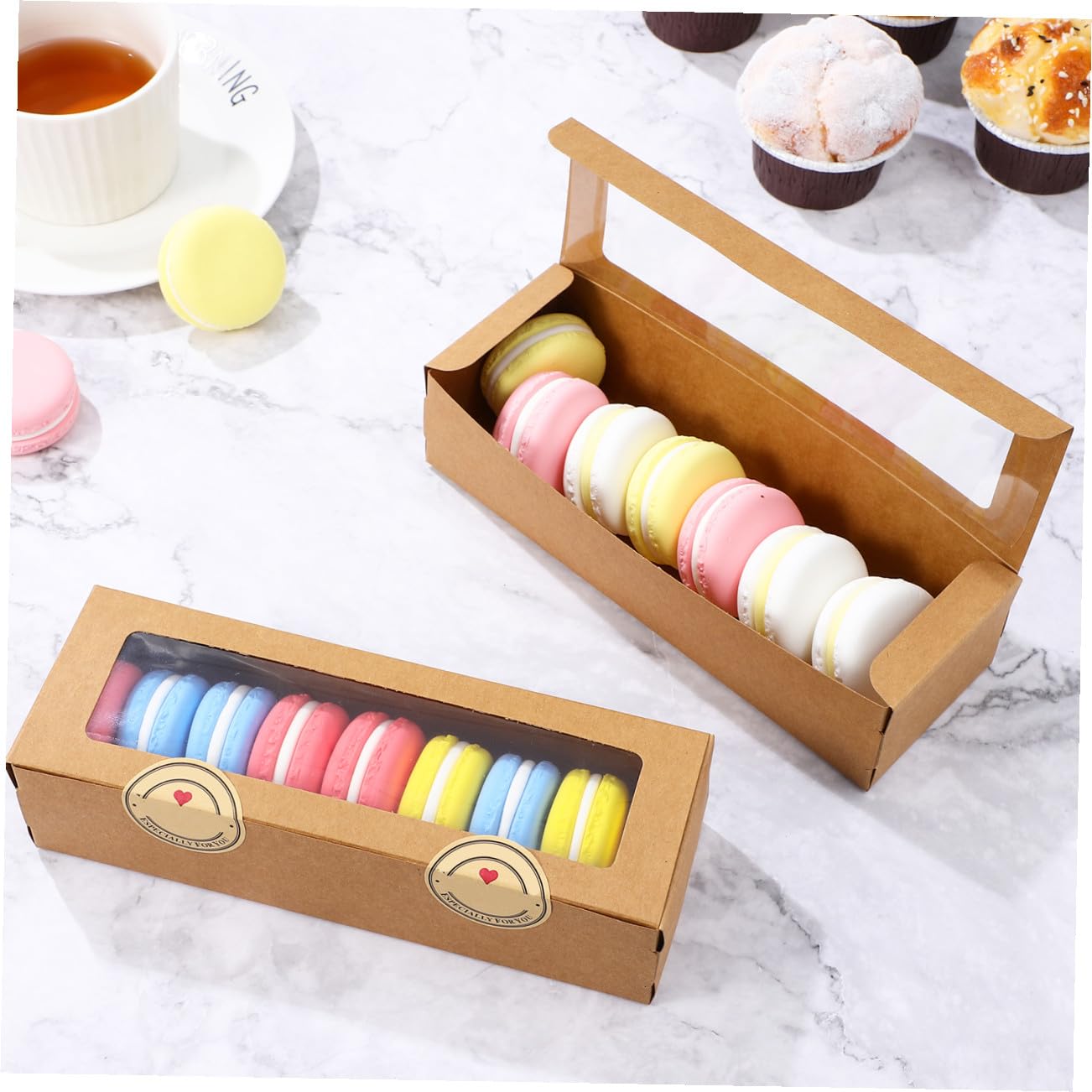 MAGICLULU 50 Stück Macaron Schachtel aus Kraftkarton mit Sichtfenster und Aufklebern für Backzubehör Kekse und Süßigkeiten im Laden