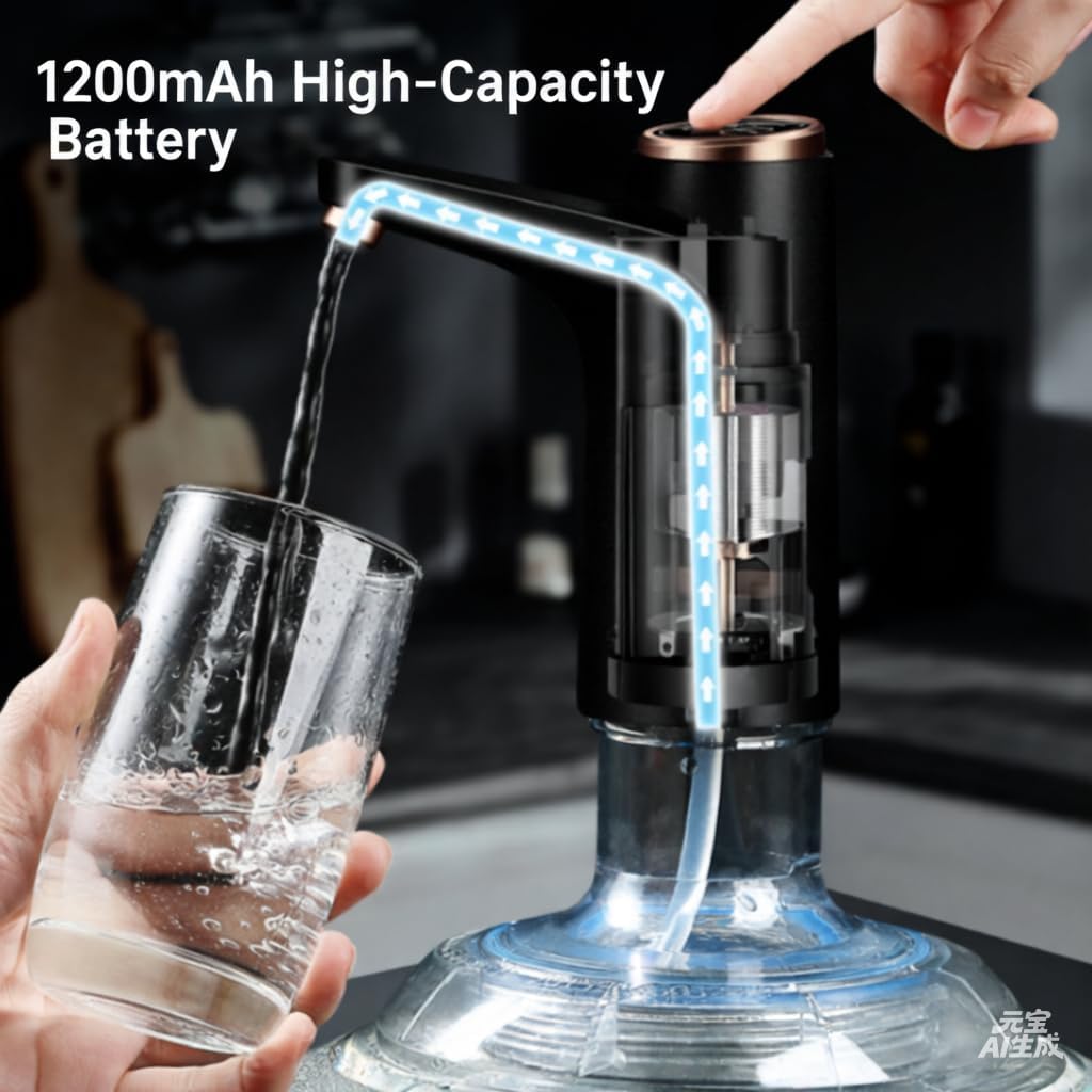 USB Rechargeable Electric Water Pump for 5 Gallon Bottle, Portable Water Dispenser Pump with 1200mAh Battery for Home Office Camping (Obsidian Gray)
