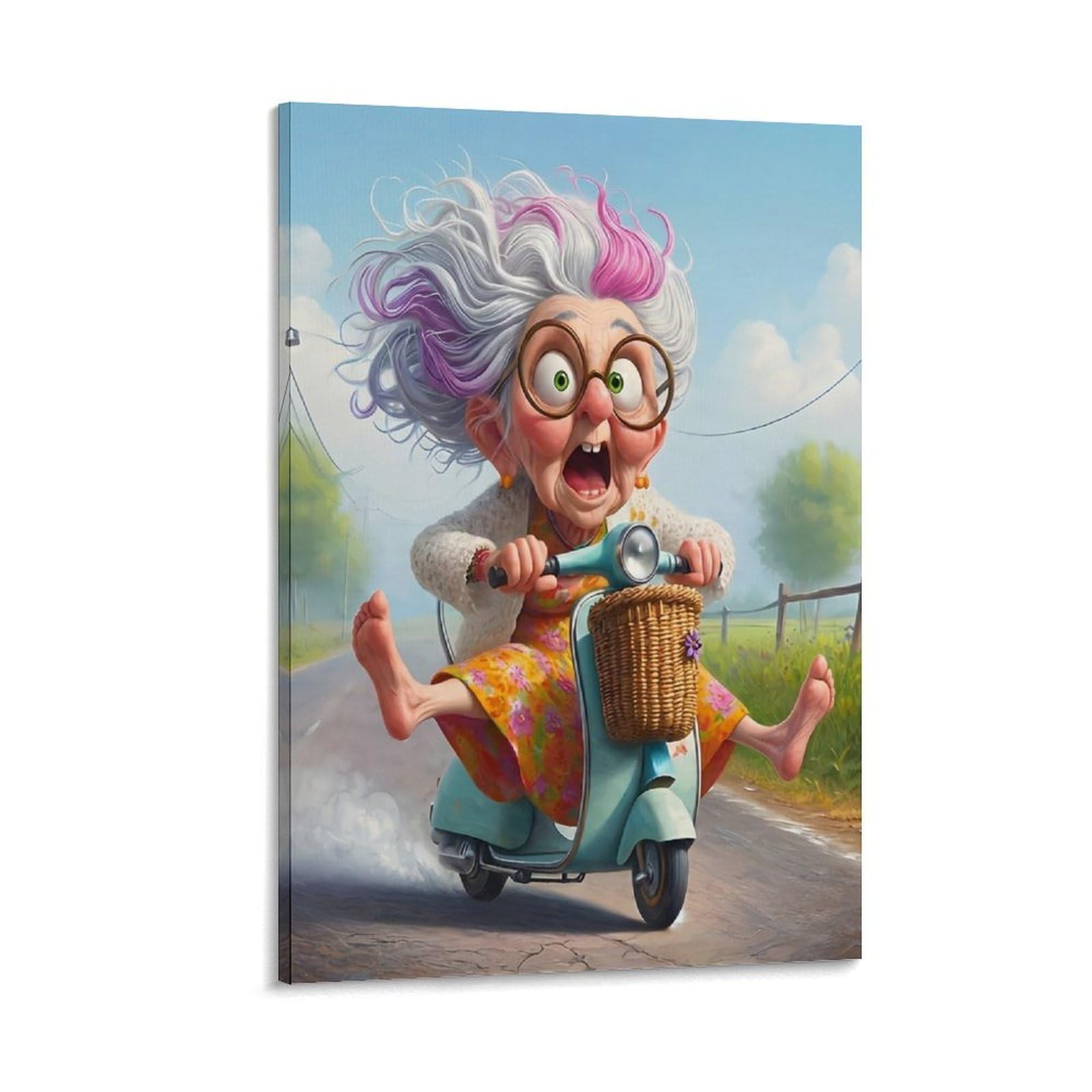 DHBANEIOK Elderly Woman Riding Scooter Wall Decor Poster Giclee Canvas Prints Modern Wall Art Picture Wall Hanging for Home Decorations 16x24inch(40x60cm)
