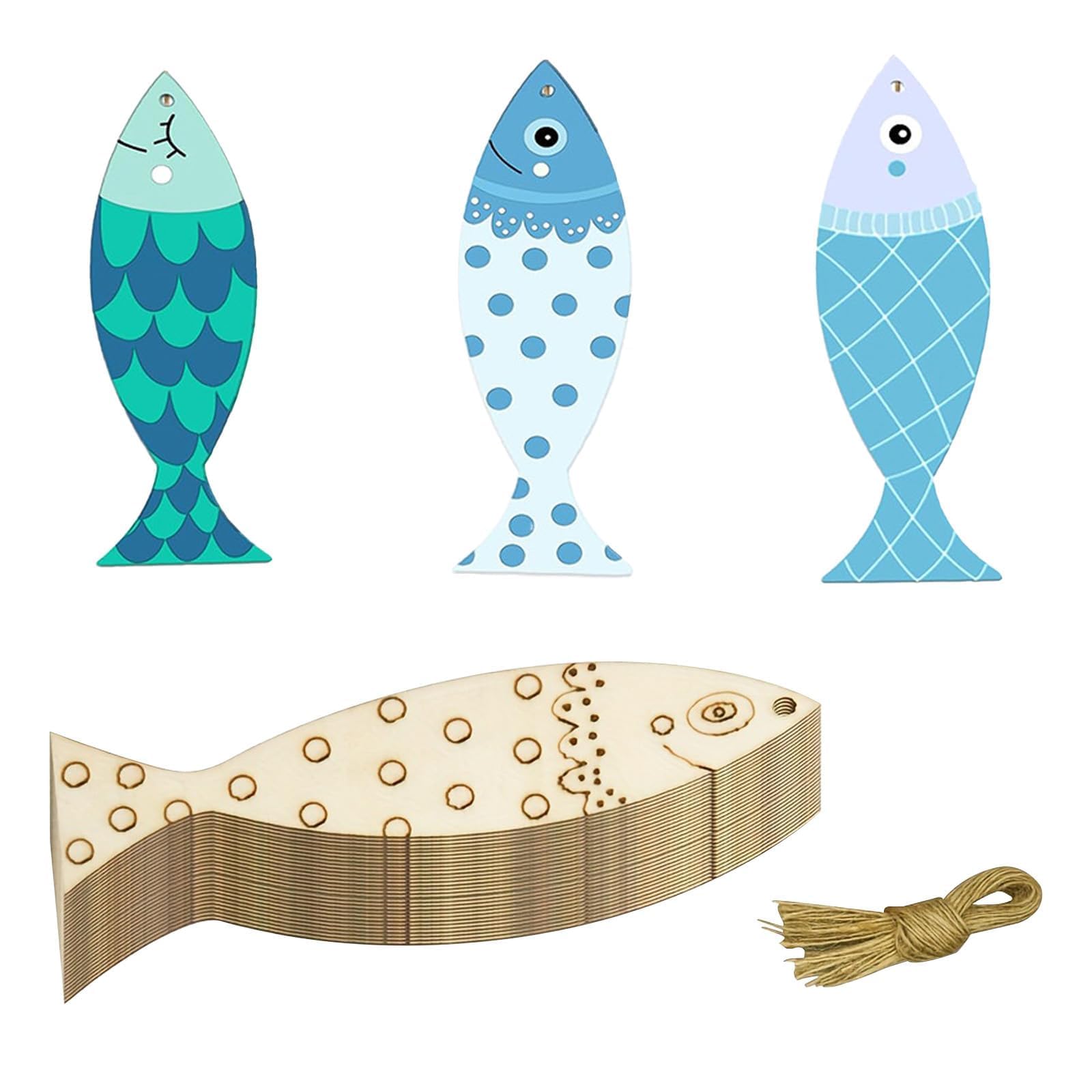 COZERI 36PCS Fish Wooden Craft Shapes, DIY Wooden Fish Decor Cutouts Craft Supplies with Rope
