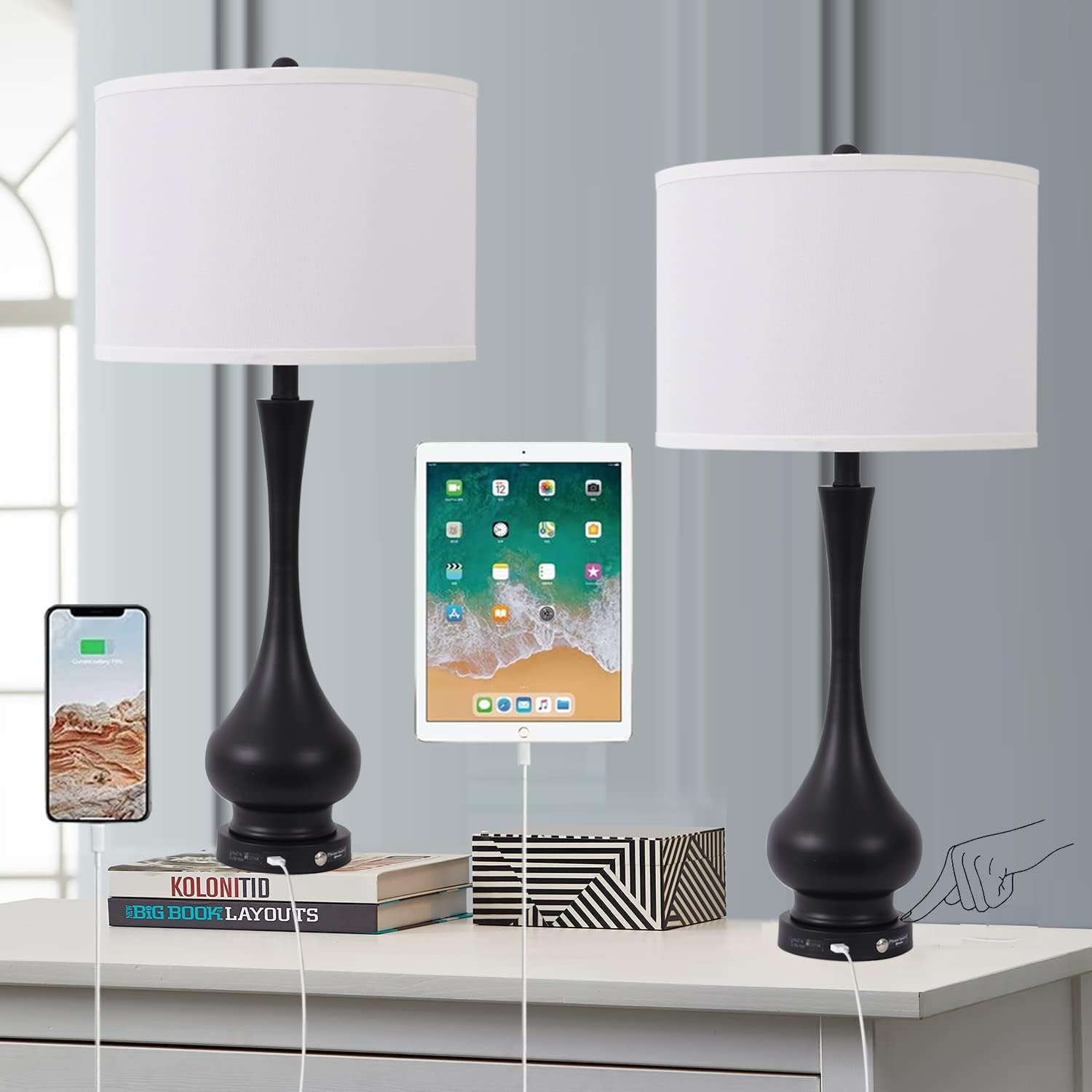 Touch Lamps for Bedrooms Set of 2, 30" Tall Table Lamps with USB C Port