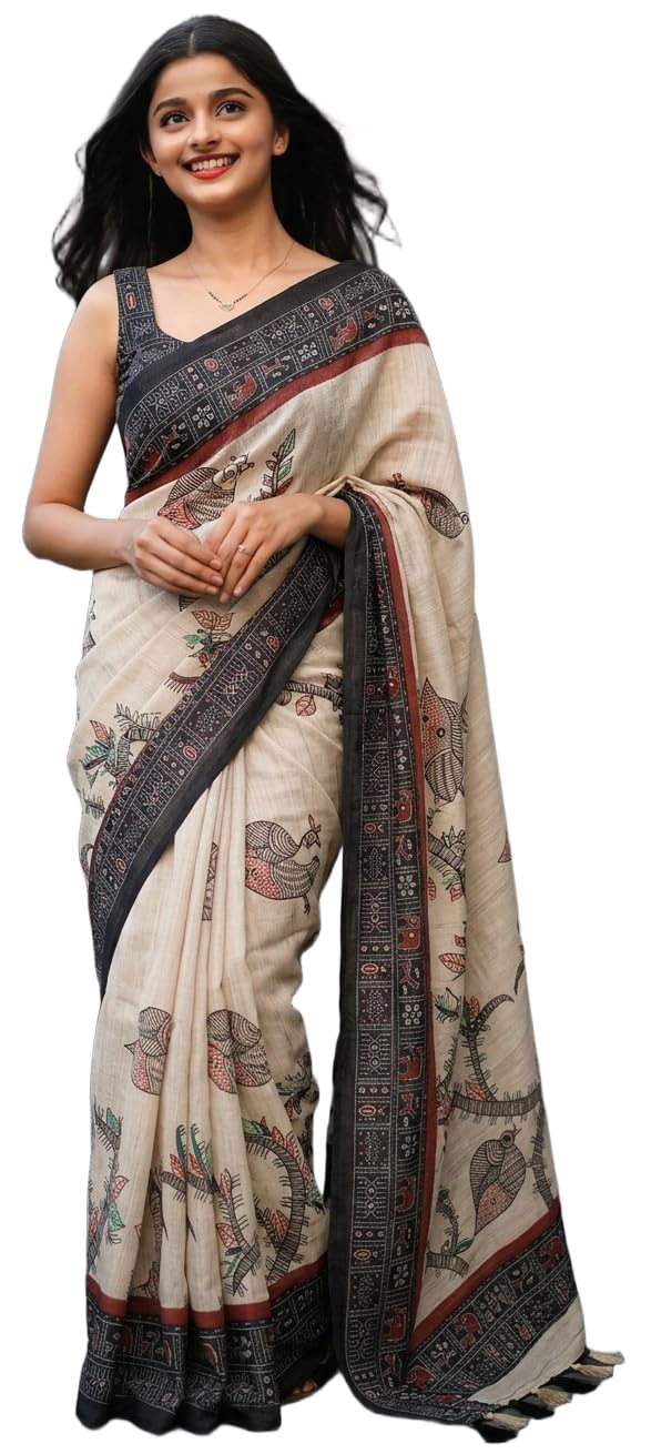 Women's Madhubani Style Printed Patola Border Light Beige Linen Cotton Saree With Blouse-picture-33