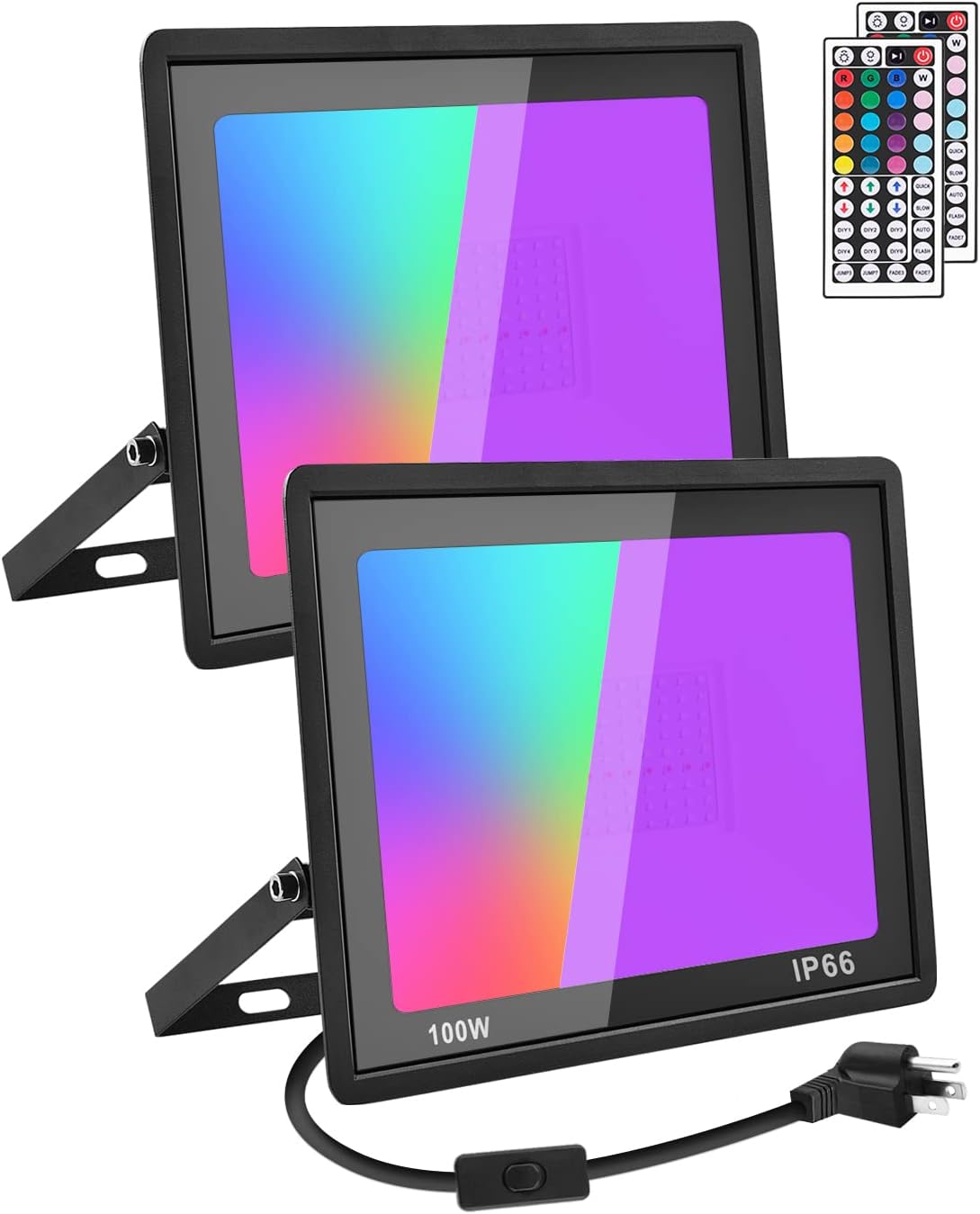 Paquete de 2 luces LED negras de 100 W, luz negra y reflector RGB 2 en 1, luz negra con enchufe, interruptor y control remoto, luz ultravioleta LED