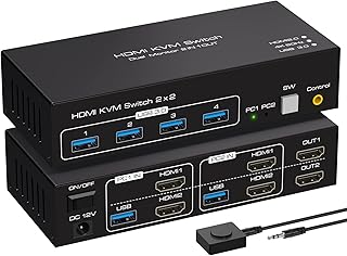 VPFET Dual Monitor KVM Switch HDMI 2 Port 4K60HZ KVM Switcher HDMI for 2 Computers 2 Monitors with 4 USB 3.0 Ports Support Copy and Extended Display and Desktop Control Including 2 USB 3.0 Cable