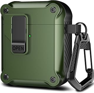 R-fun AirPods 2nd Generation & 1st Generation with Automatic Secure Lock Clip, Hard Shell Full-Body Protective for Women Men with Apple AirPods Wireless Charging Case,Front LED Visible-Black Green