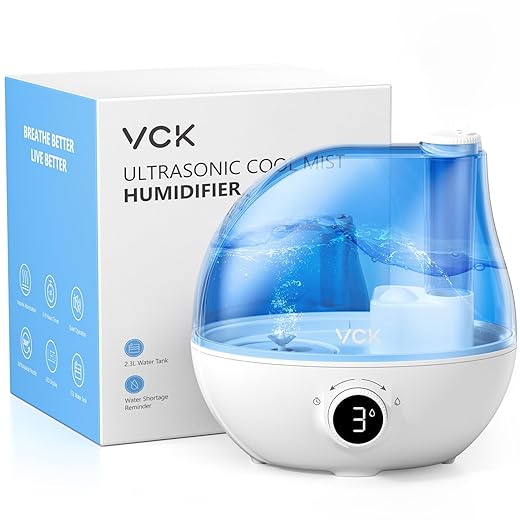 Humidifiers for Bedroom, VCK 2.3L Ultrasonic Cool Mist Quiet Air Humidifier, 24 Hours Run Time, Auto Shut-Off, 3 Mist Levels, 360° Rotation Nozzle for Home Baby Nursery, Plants, Large Room Indoor Use