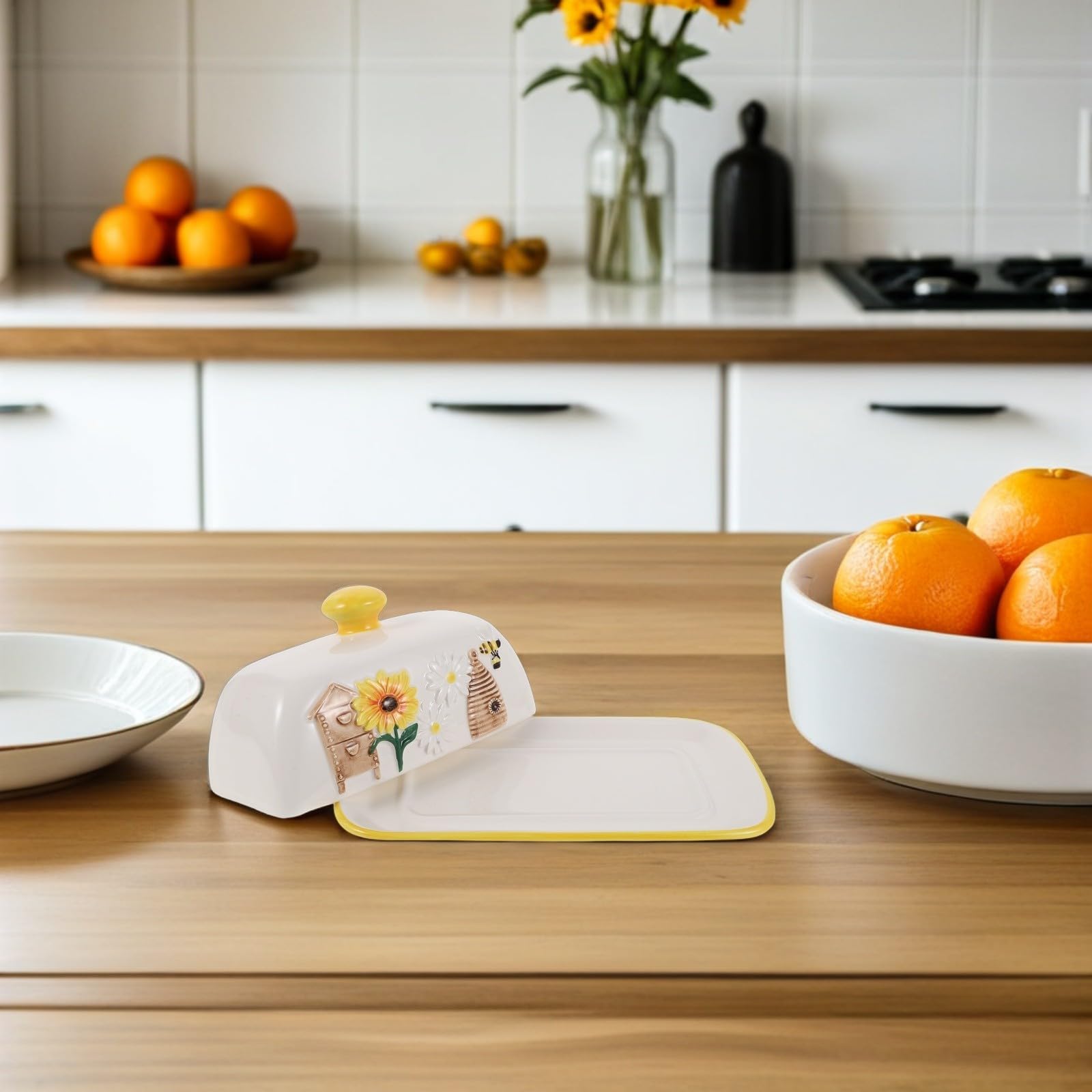 Keramik Butterdose mit Deckel Dekorative Butterschale mit Sonnenblumen und Bienenmuster Große Butterdose für Arbeitsplatte und Familienmahlzeiten