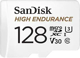 SanDisk Cartão MicroSDXC de alta resistência de 128 GB com adaptador para câmera veicular e sistemas de monitoramento doméstico - C10, U3, V30, 4K UHD, cartão micro SD - SDSQQNR-128G-GN6IA