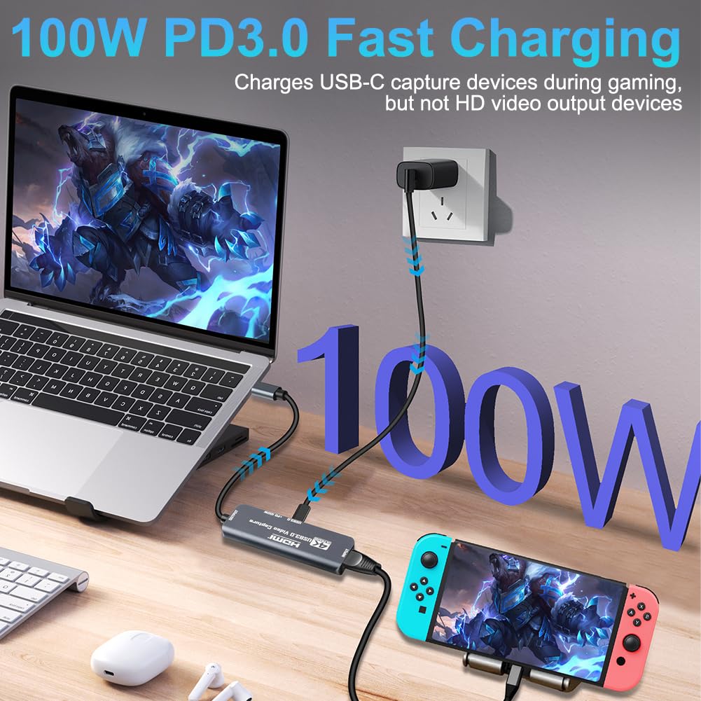 Flintronic Scheda Acquisizione Video, USB 3.0 con 100 W PD, HDMI a 4K 1080P 60 per MacOS/Quest 3/Switch/PS4/PS5 Live Broadcast Gaming Streaming
