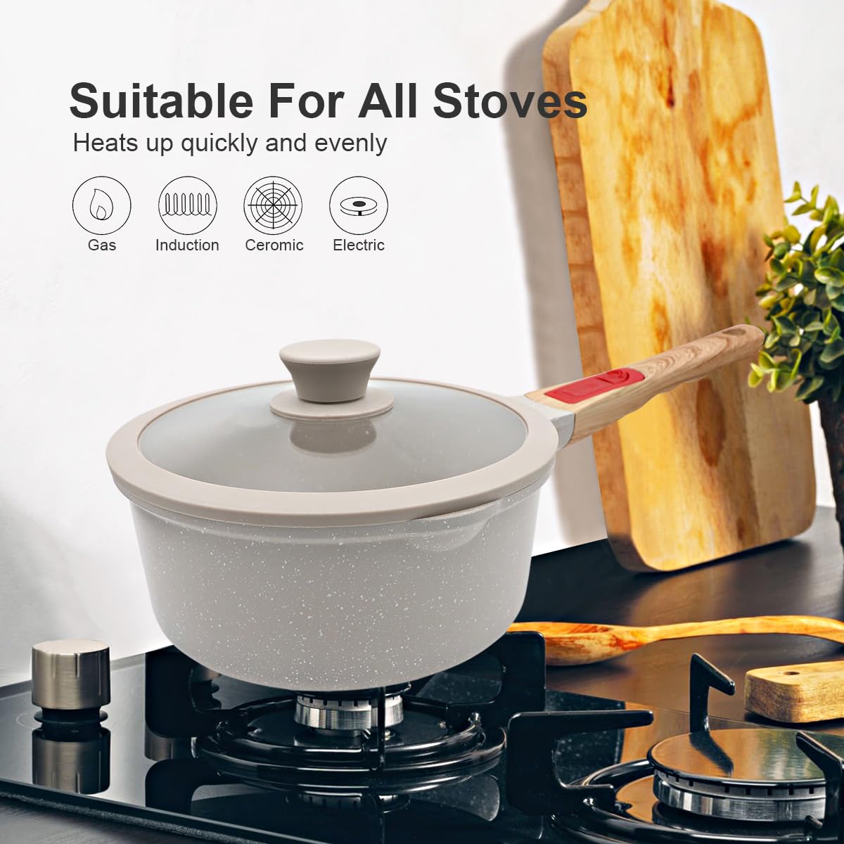 AIKENBBKK Casserole 20cm Antiadhésive avec Couvercle, 2.5L Casserole avec Poignée détachable, Résistant au four et au lave vaisselle, Pot à lait avec bec verseur (Blanc)