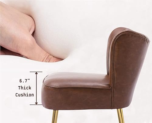 Miniatura 4 de Juego de 2 sillas decorativas de piel sintética marrón con patas doradas, modernas, tapizadas sin brazos, impermeables, cómodas sillas laterales con