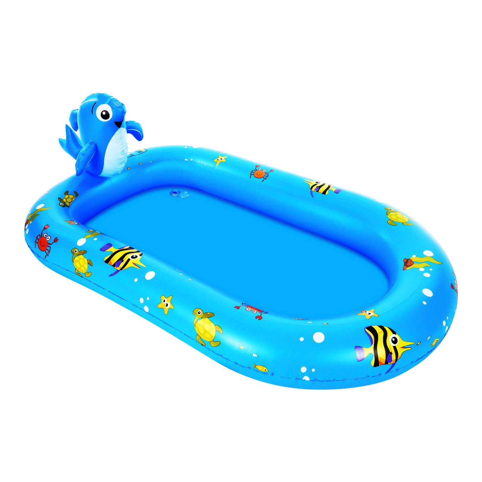 VGEBY Aufblasbarer Sprinkler-Pool für, Delfin-Splash-Playmat, 67x40in | Material aus PVC, BPA-frei, Sicheres Dual-Sprühsystem, Ideal für den Außenbereich Im Garten, Geeignet für 2–3 Kleinkinder.