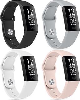 4 PACK Sport Band for Fitbit Charge 4 Bands / Fitbit Charge 3 Bands Women Men, Soft Silicone Waterproof Replacement Wristbands Strap for Fitbit Charge 4 / Charge 3 / Charge 3 SE Bands (Large, Black+Grey+White+Pink Sand)