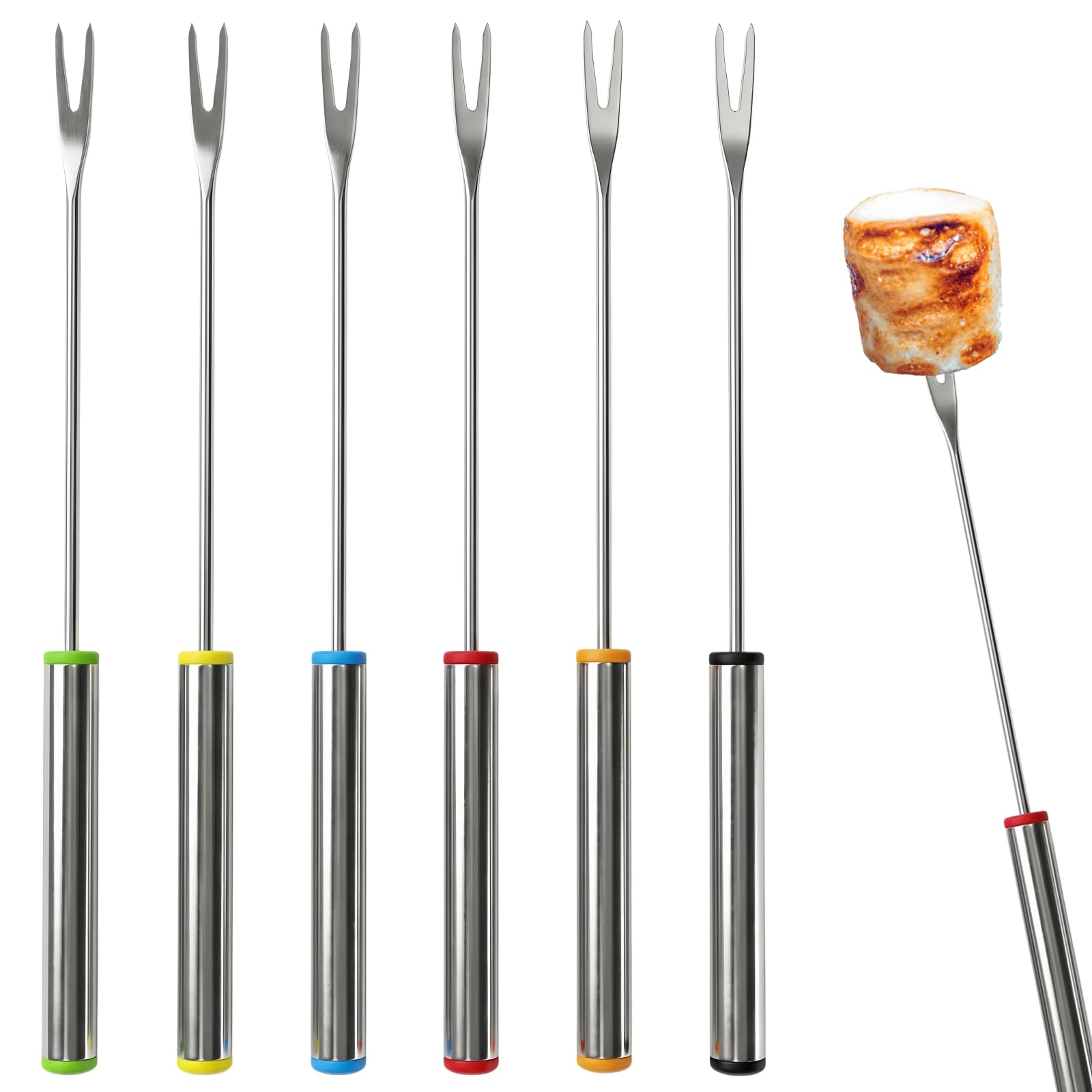 Stainless Steel Fondue Forks,6 PCS Color Coded Cheese Fondue Forks for Chocolate Fountain Cheese Fondue,Heat Resistant Smores Sticks(9.5 Inch)
