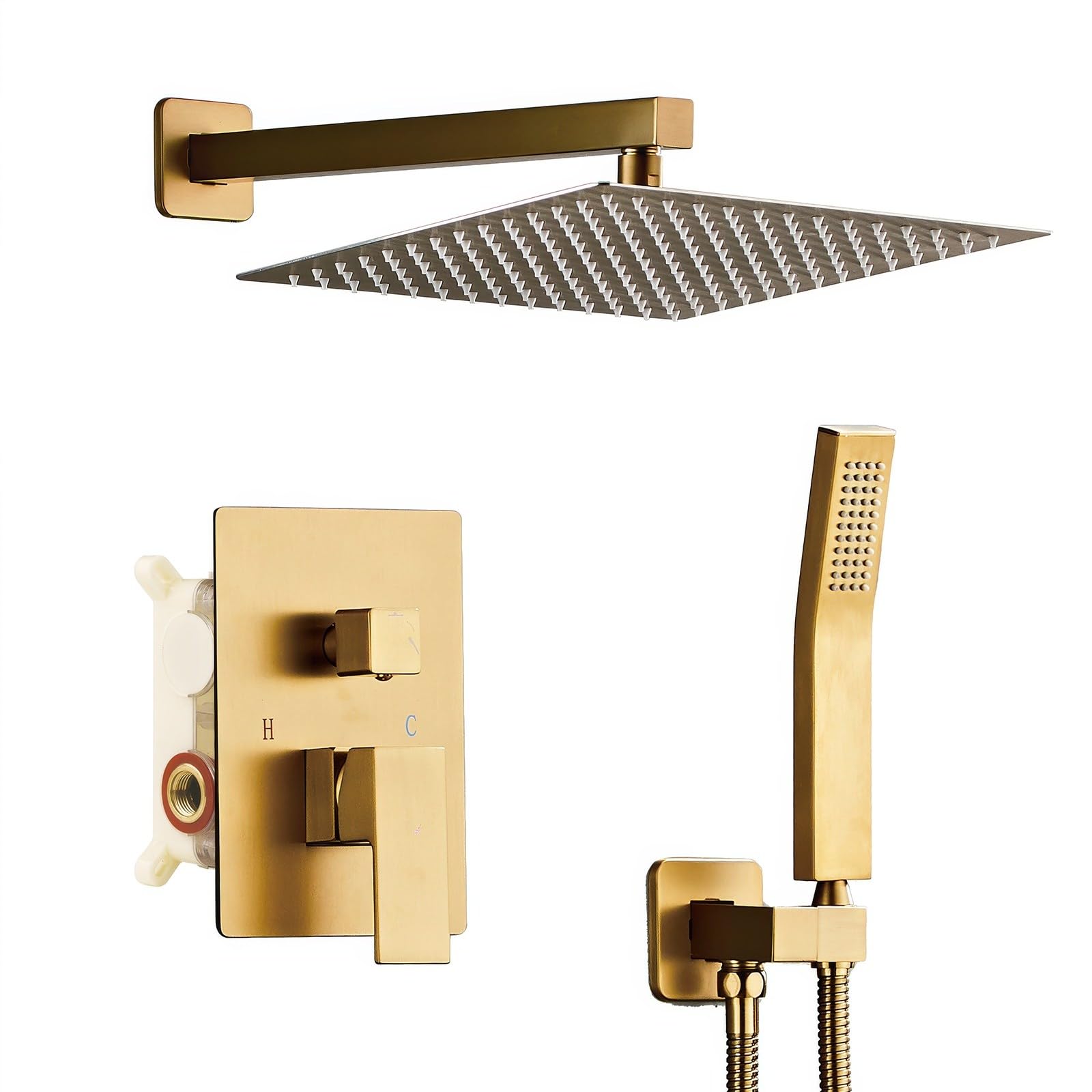 Pomme de douche carrée en or brossé, kit de douche mural haut de gamme