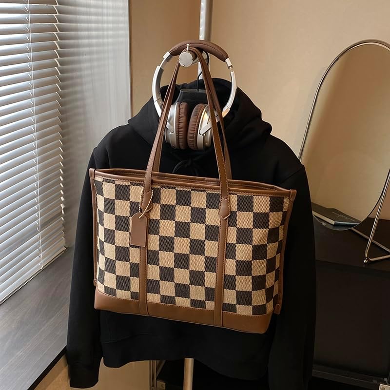 Checkered Tote Bag for Women Vintage Work Bag Fall Tote Handbag Checkered Shoulder Bag for College Work Travel - Image 5