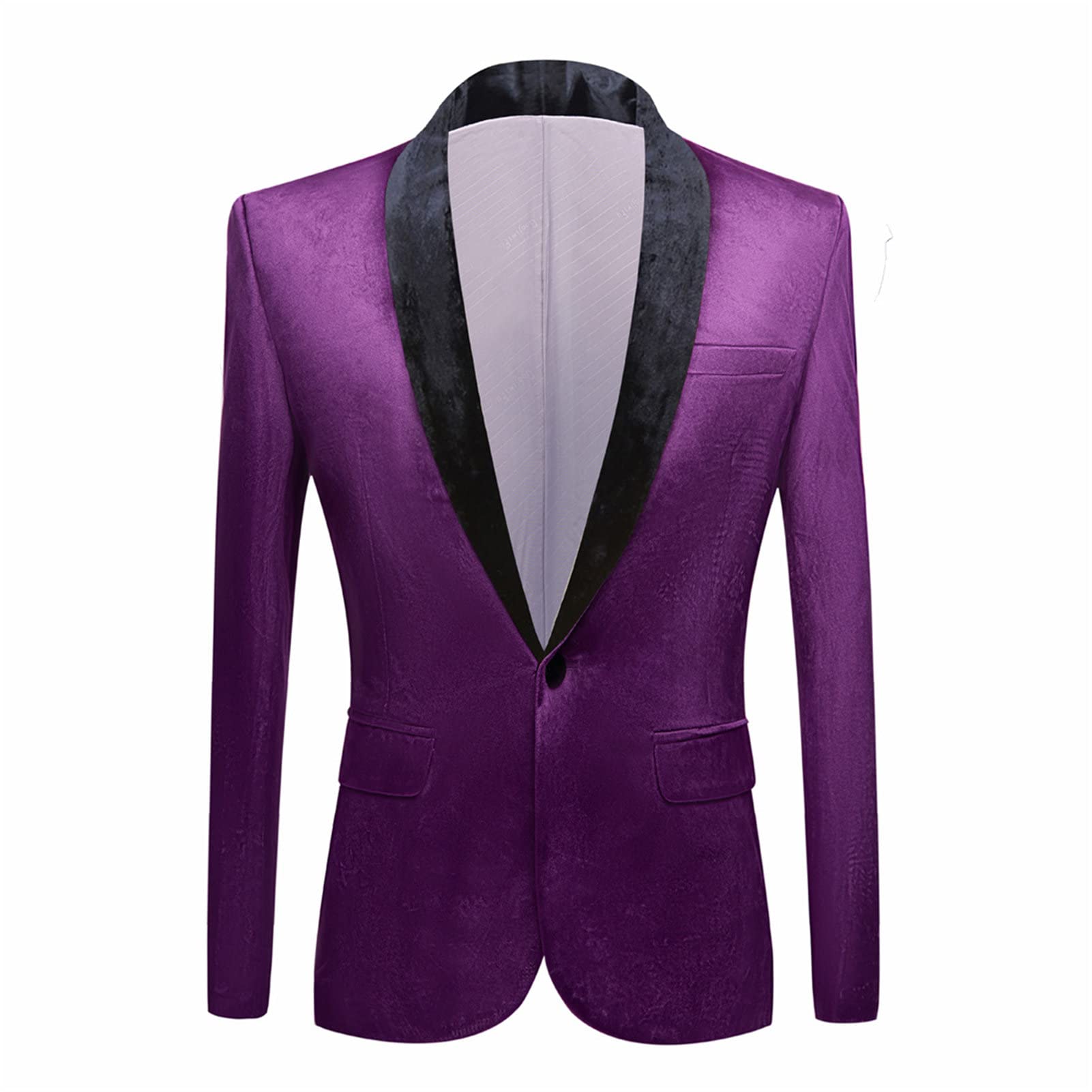 Men's Premium Velvet Blazer Jacket Slim Fit Solid Shawl Lapel Tuxedo Suit One Button Dinner Party Prom Sport Coat (Purple,Medium)