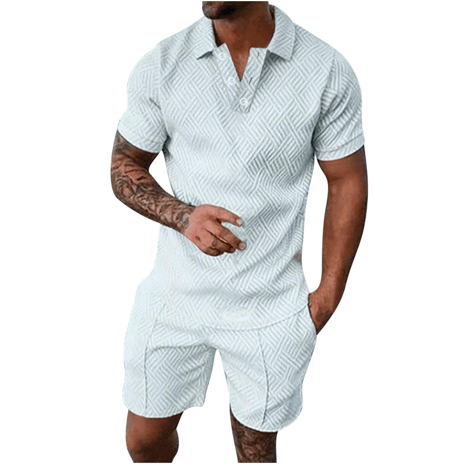 Generic 2024 Chándal Estampada para hombre de dos piezas de verano de 2 piezas conjuntos Botones Color sólido Casual Bolsillos Comodidad Elástico Hawaiana Vacaciones Playa Suelta Moda running fitness