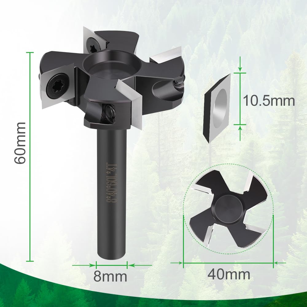 Fraise à planer pour défonceuse avec tige de 8 mm - Diamètre de coupe 40 mm - Équipé de 4 lames interchangeables en carbure de tungstène de 10,5 x 10,5 mm - Fraises pour planer, rainurer et