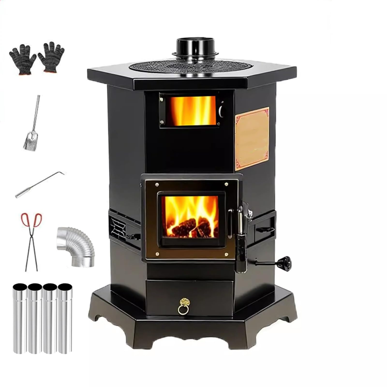 Stufa Legna, Stufa a Legna Piccola, Finestra di Osservazione Fuoco a Doppio Strato, Rivestimento Interno in Ghisa, con Forno, per All'interno e All'esterno