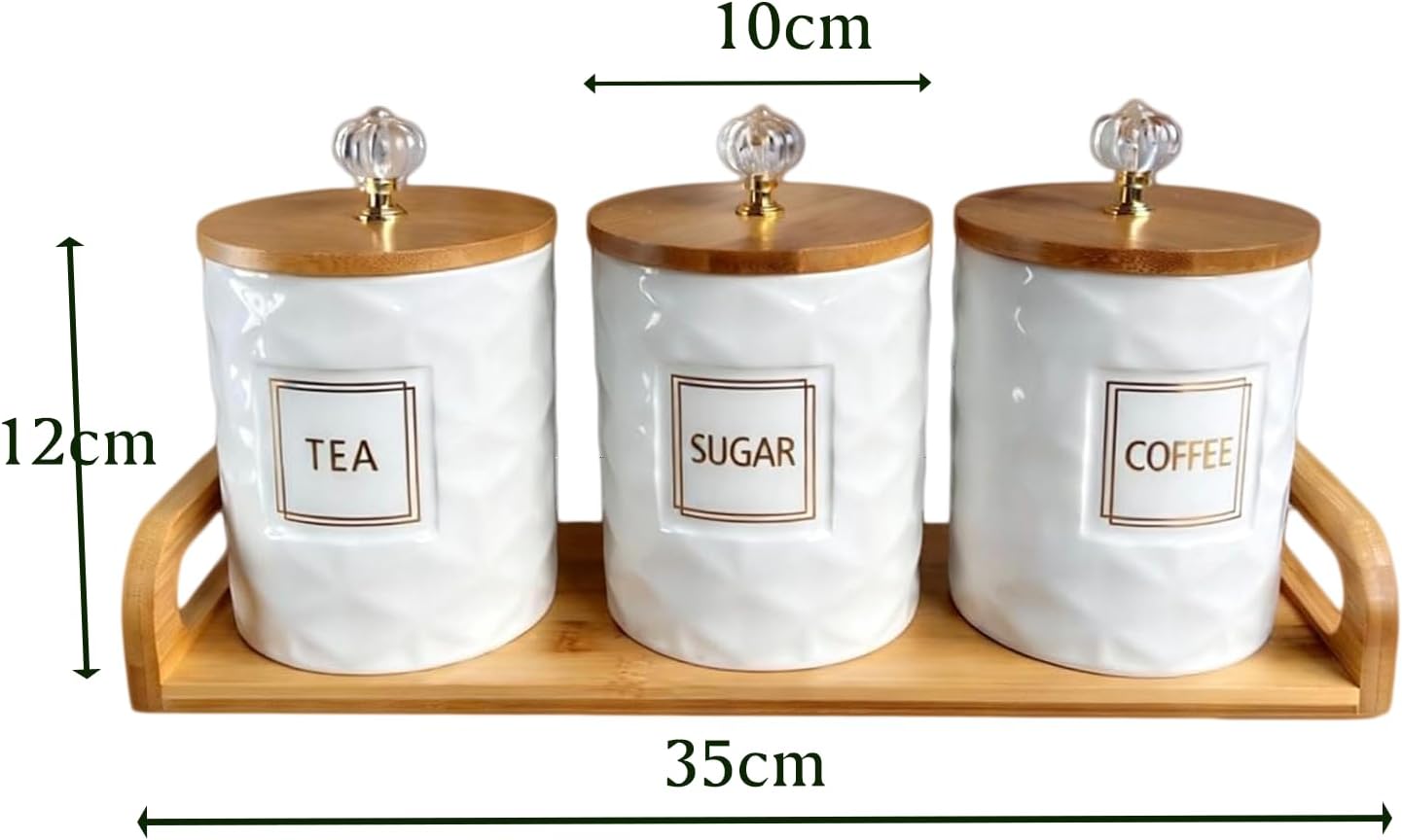 Airtight Ceramic Canisters Set of 3 with Wooden Tray - Kitchen Counter Storage Containers for Sugar, Coffee, Tea - Food Storage Jars with Wood Lids for Pantry, Coffee Bar & Home Organization