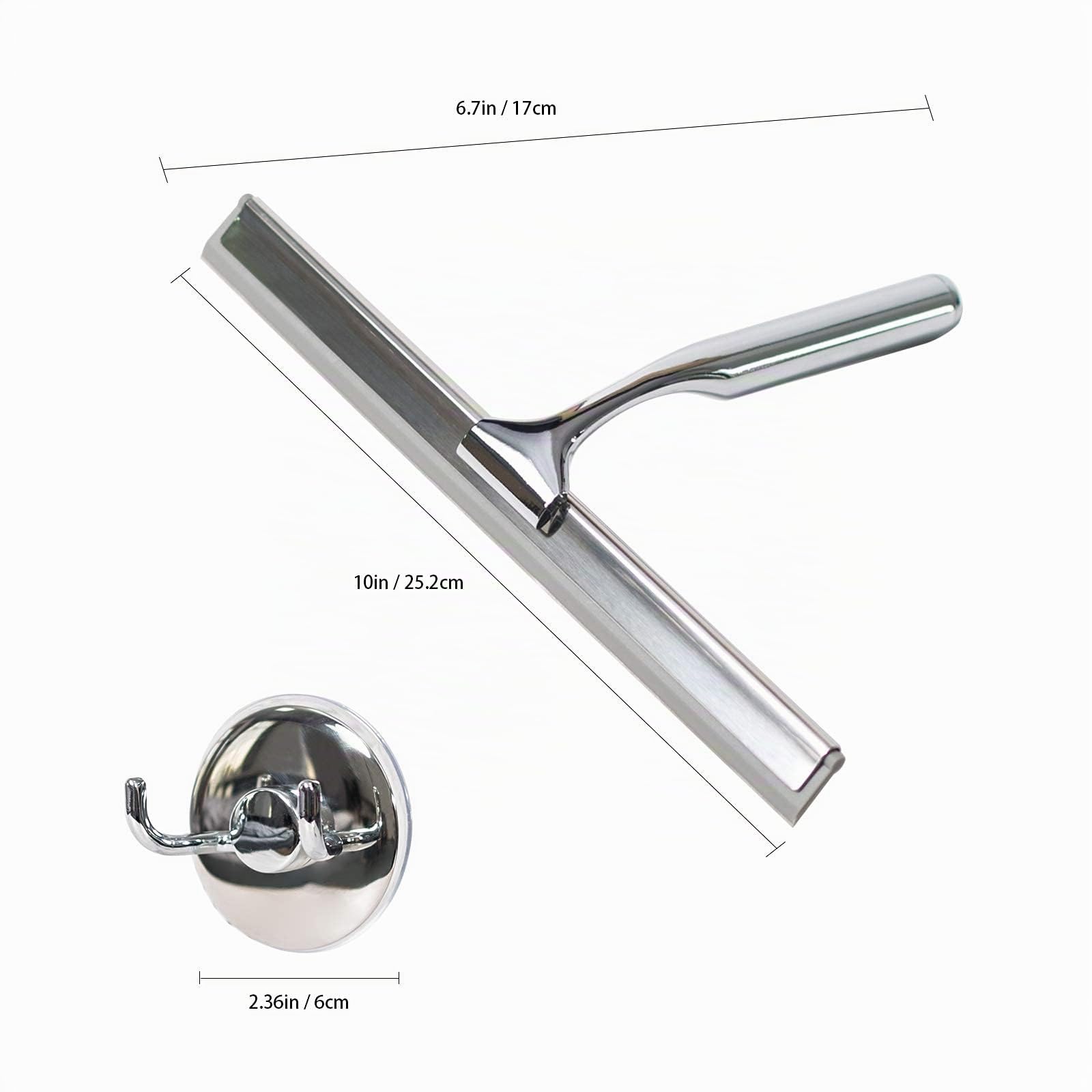 Tergivetro per Doccia, Tergivetro per Finestre, Pulisci Vetro Doccia in Acciaio Inossidabile con Forte Gancio di Aspirazione per Bagno, Cucina, Specchio, Pulizia di Finestre e Vetri, 10 Cromo