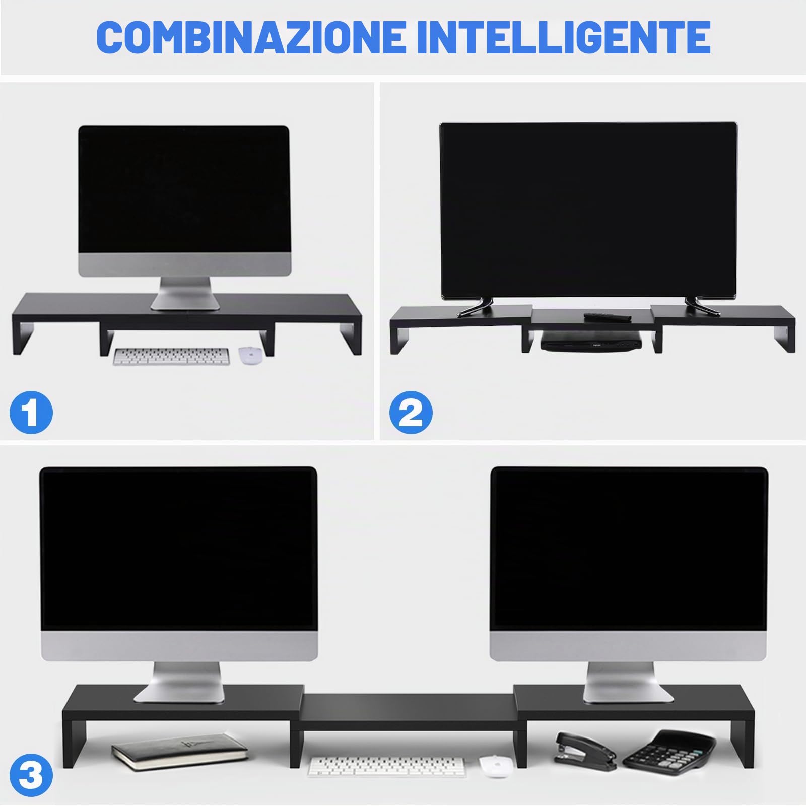 RFIVER Supporto per Doppio Monitor, Supporto Monitor 3 Ripiani per Laptop, Lunghezza Regolabile e Angolo di Rotazione di Legno Desktop Organizer Supporto Max 20 kg Nero