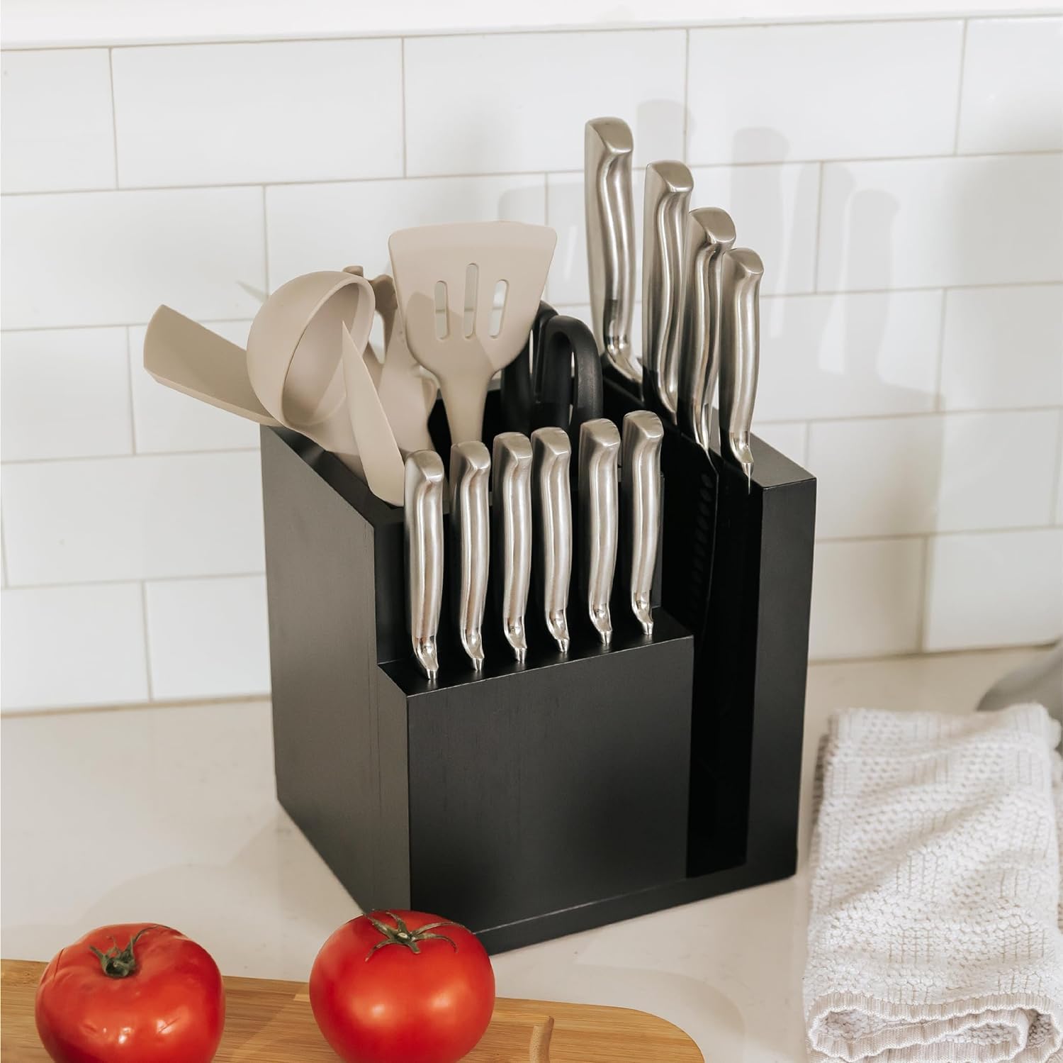 KitchenEdge Bloc de couteaux magnétique en bambou et porte-ustensiles de cuisine, rangement élégant pour couteaux de chef, couteaux à steak, spatules, ciseaux, pieds en caoutchouc antidérapants, noir